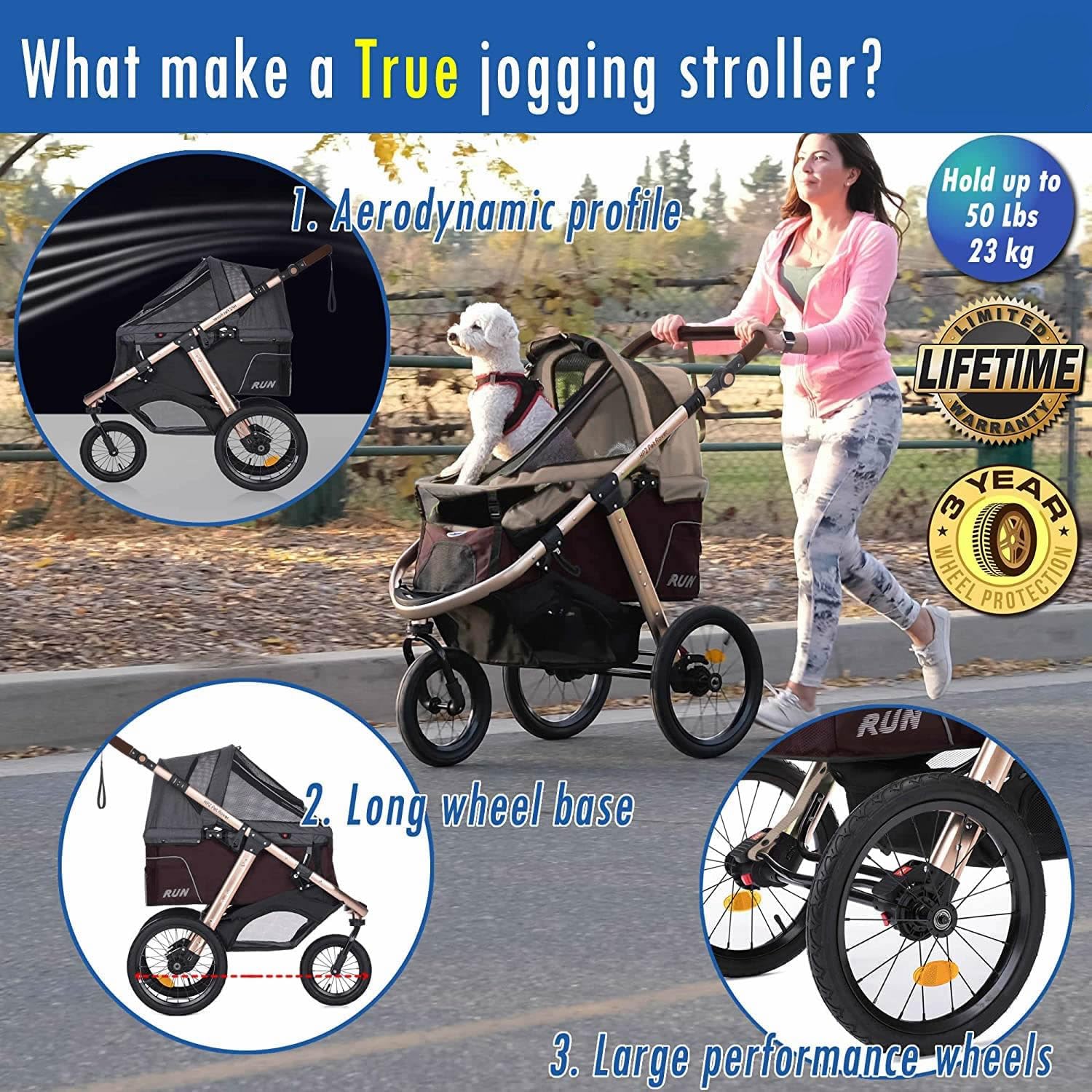 Hpz Pet Rover Run Performance Jogging Sports Stroller With Comfort Rubber Wheels/Zipper-Less Entry/1-Hand Quick Fold/Aluminum Fr