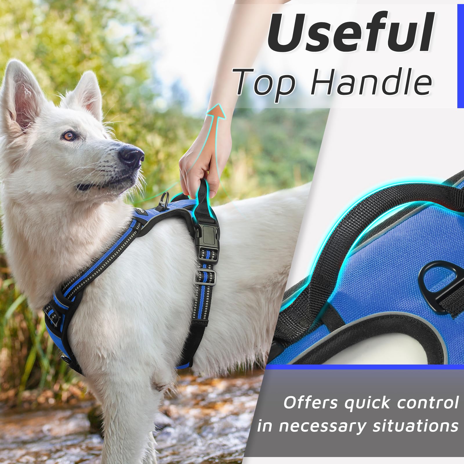 Eagloo Dog Harness Large Breed, No Pull Service Vest With Reflective Strips And Control Handle, Adjustable And Comfortable For Easy Walking, No Choke Pet Harness With 2 Metal Rings, Blue, Xl