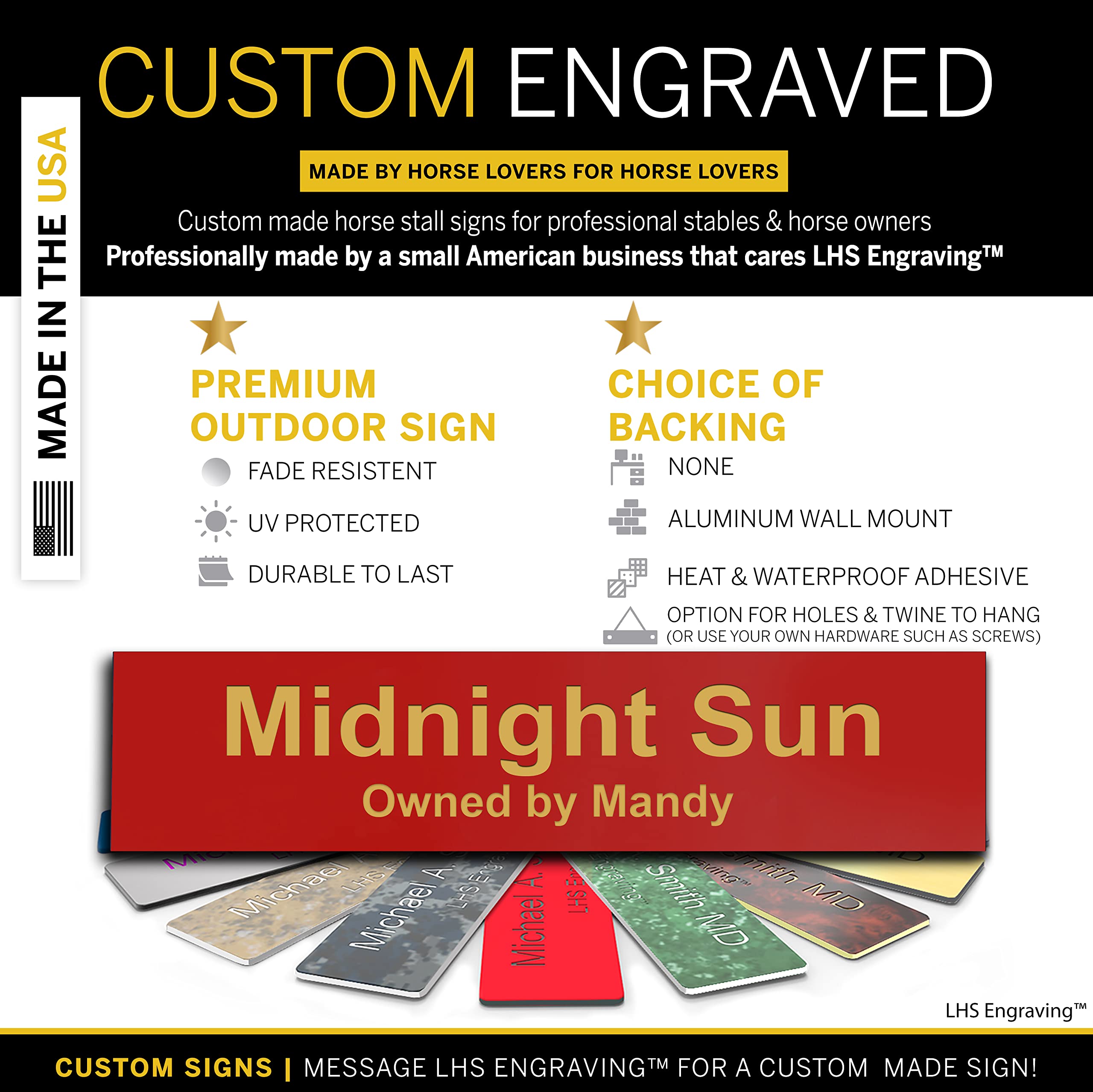 Lhs | Personalized Horse Stall Name Plates, 2X12 Horse Stall Signs With Adhesive, All Weather Uv Protected, Red Plastic Gold Let