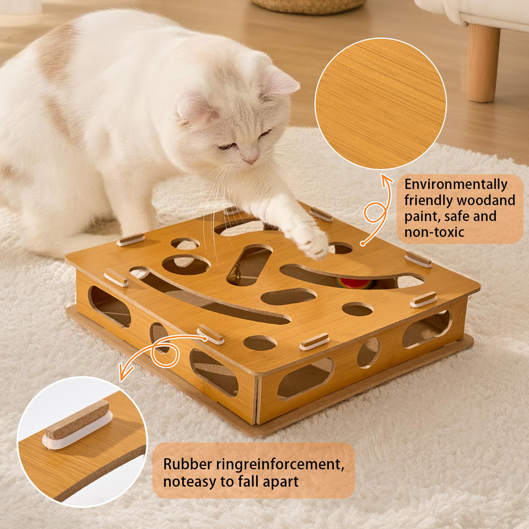 Bininl Interactive Wooden Cat Puzzle Toy with Ball and Bell,Indoor Hunting Play Toy to Stimulate Your Cats Energy and Instincts,