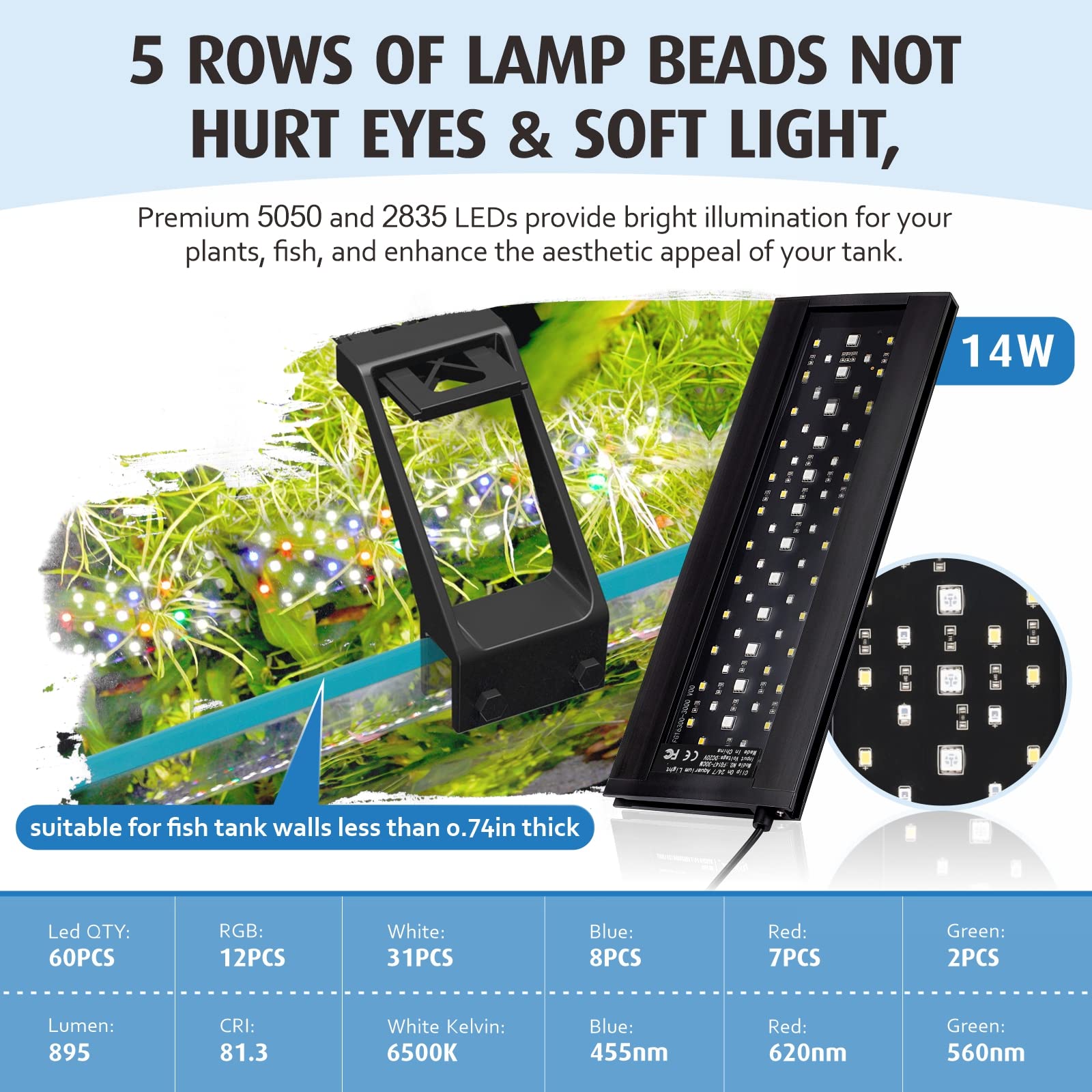 Hygger Clip On Full Spectrum Aquarium Led Light, 14W Day-Night Dual Timer Sunrise-Day-Sunset-Moon Fish Tank Light, Adjustable Ti