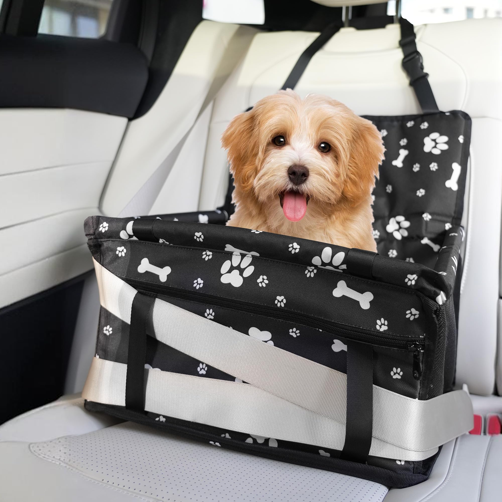 Dog Car Seat for Small/Medium Dogs up to 20 lbs, Portable Pet Travel Seat with Safety Belts & Storage Pockets, Waterproof & Scra