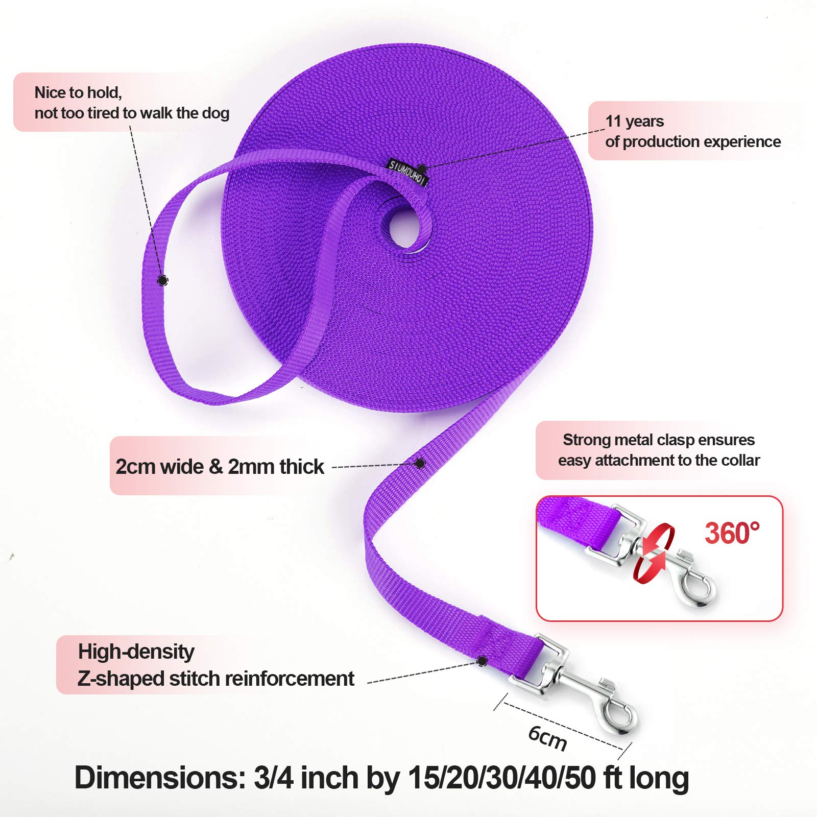 Siumouhoi Dog/Puppy Recall & Behavior Training Rope Leash - 40 ft (Purple)