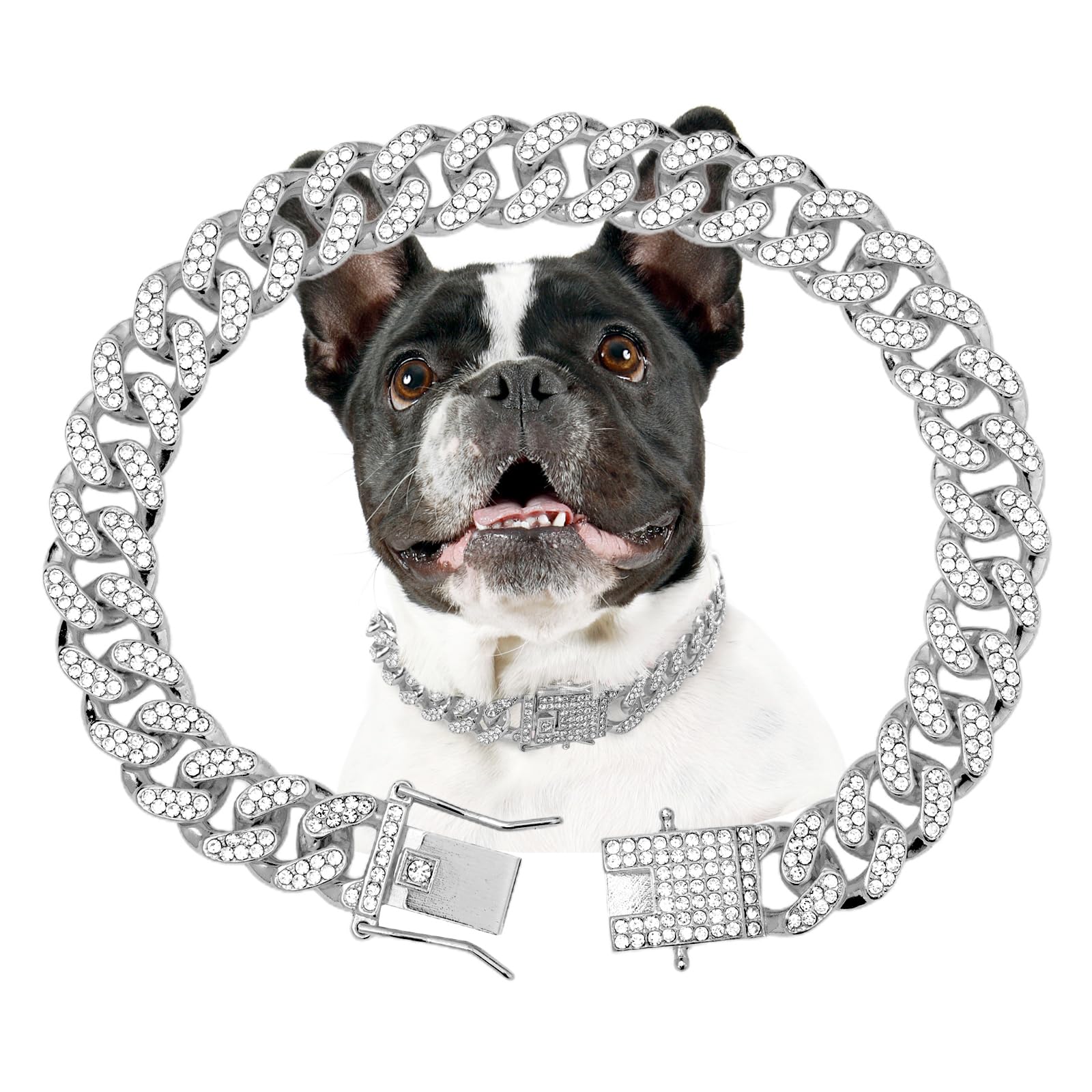 Thamiao Dog Chain Collar Silver Dog Necklace Diamond Cuban Link Dog Collar 13Mm Wide Metal Pet Cat Dog Chain Crystal Collar Jewe