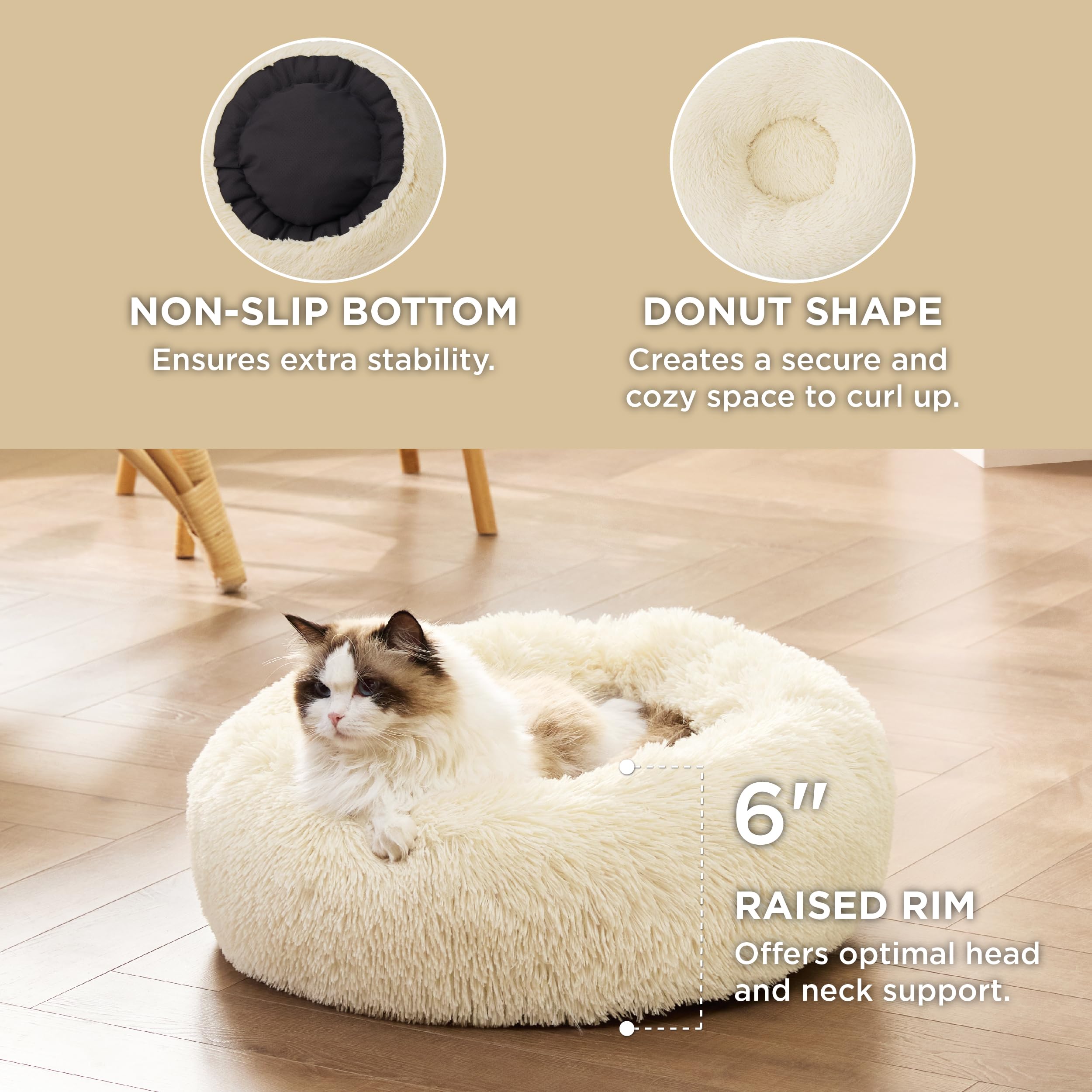 Bedsure Calming Cat Bed For Indoor Cats - Small Washable Round Cat Bed, Anti-Slip Fluffy Plush Faux Fur Pet Bed, Fits Up To 15 L