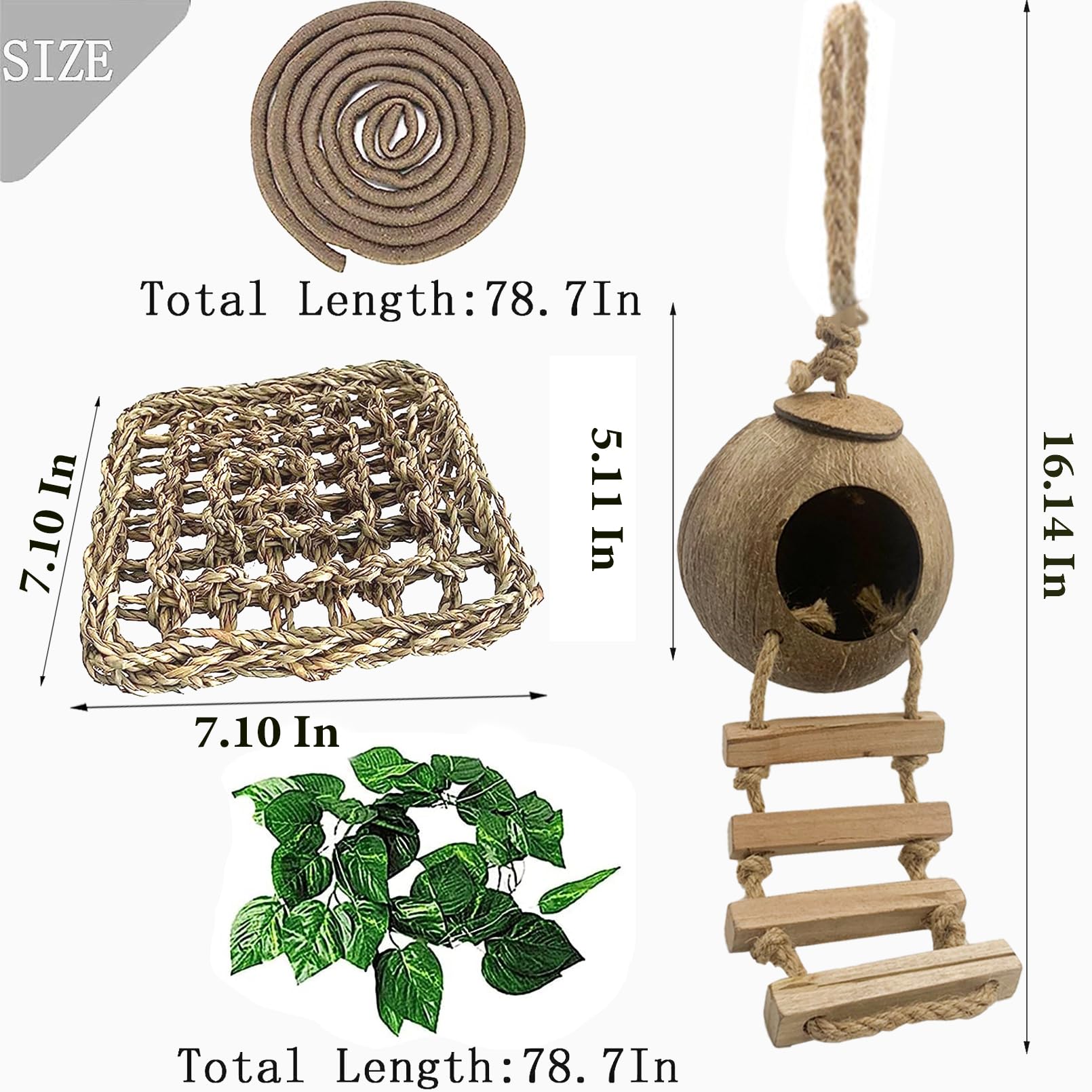 Muyg Grested Gecko Coconut Hut With Ladder,Leopard Gecko Coconut Hide Lizards Hanging Coco Den Cave Reptile Hammock Reptiles Tan