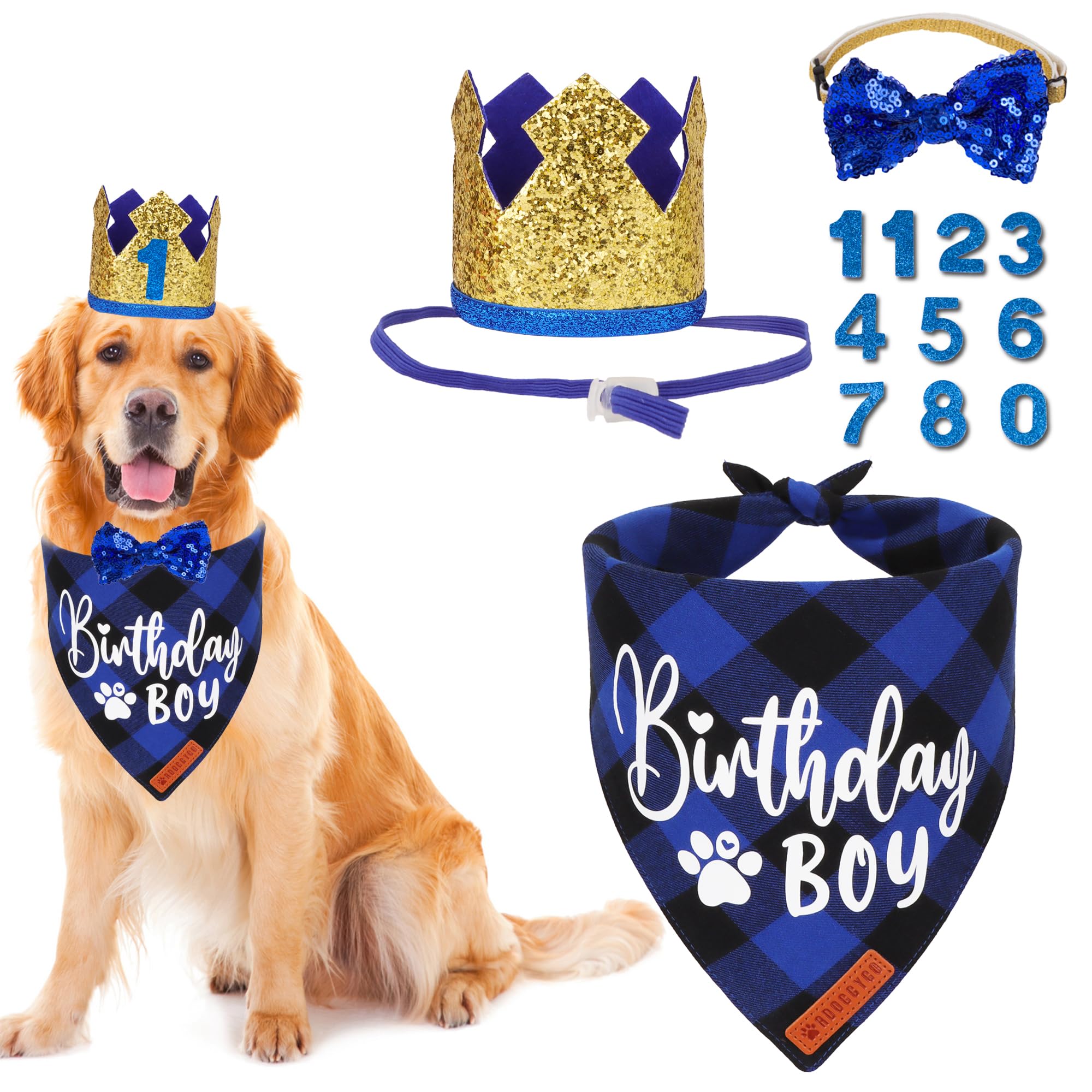 Adoggygo Dog Birthday Party Supplies, Blue Plaid Birthday Boy Dog Bandana, Golden Pet Party Hat With Numbers, Bowtie For Extra L