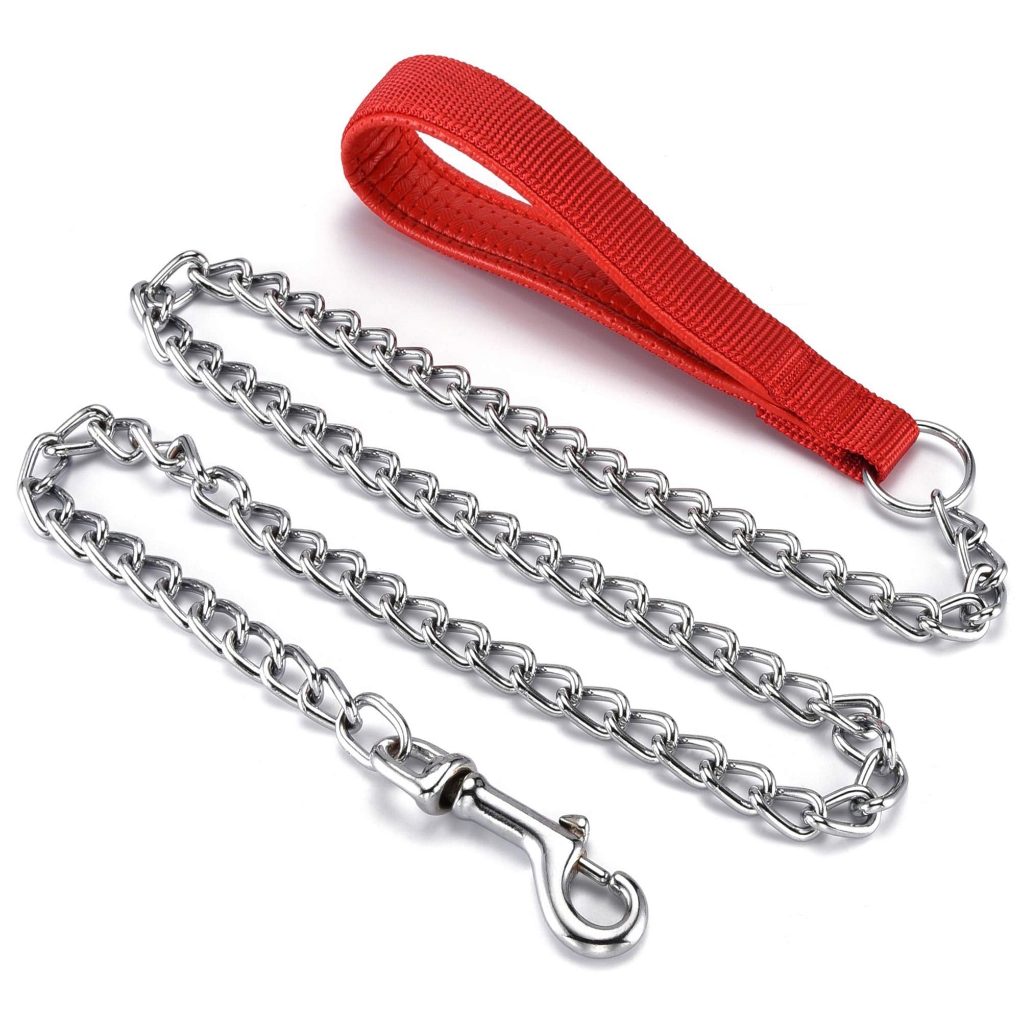 Filhome Metal Dog Leash Chew Proof Dog Chain Leash 4Ft Heavy Duty Sturdy Pet Dog Leash With Red Padded Handle For Large Medium Dogs