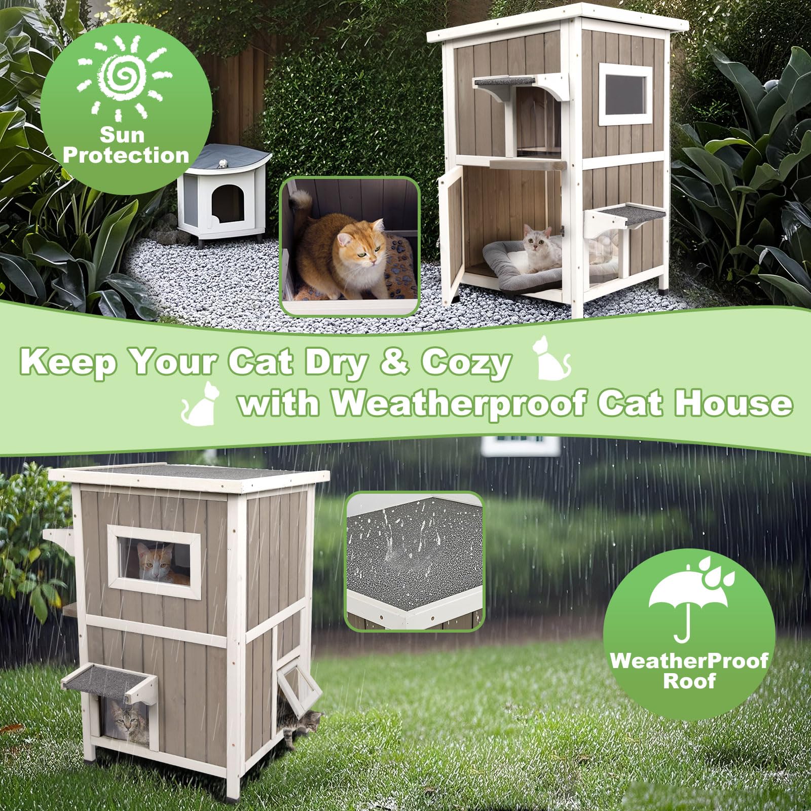Magazoopet Outdoor Cat House Weatherproof, Two Story Wooden Feral Cat House Shelter With 3 Escape Door, Outside Cat Condo For Sm