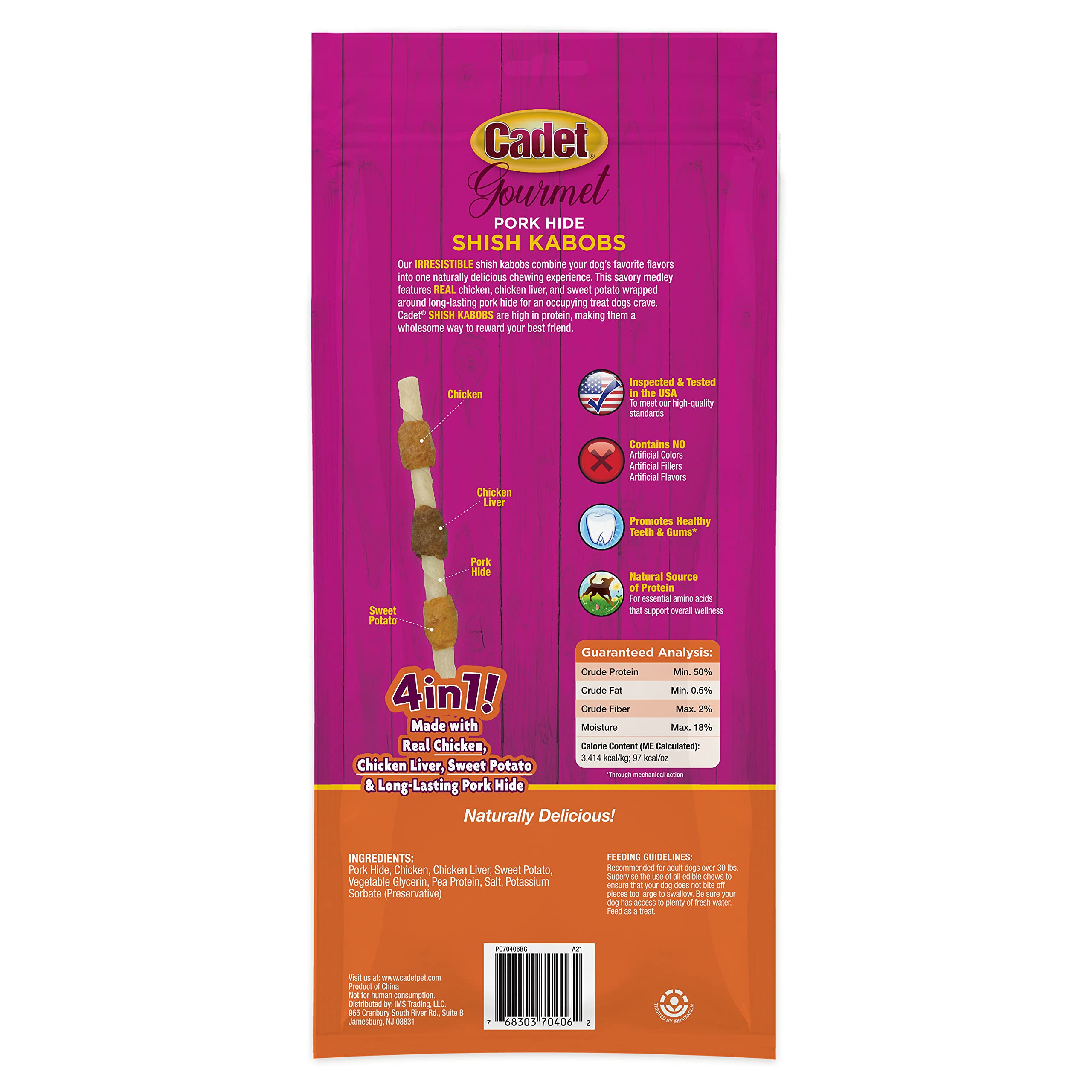 Cadet Gourmet Shish Kabob Dog Treats for Large Dogs, Healthy & Natural Chicken & Sweet Potato Chew Sticks, Pork Hide, Extra Larg