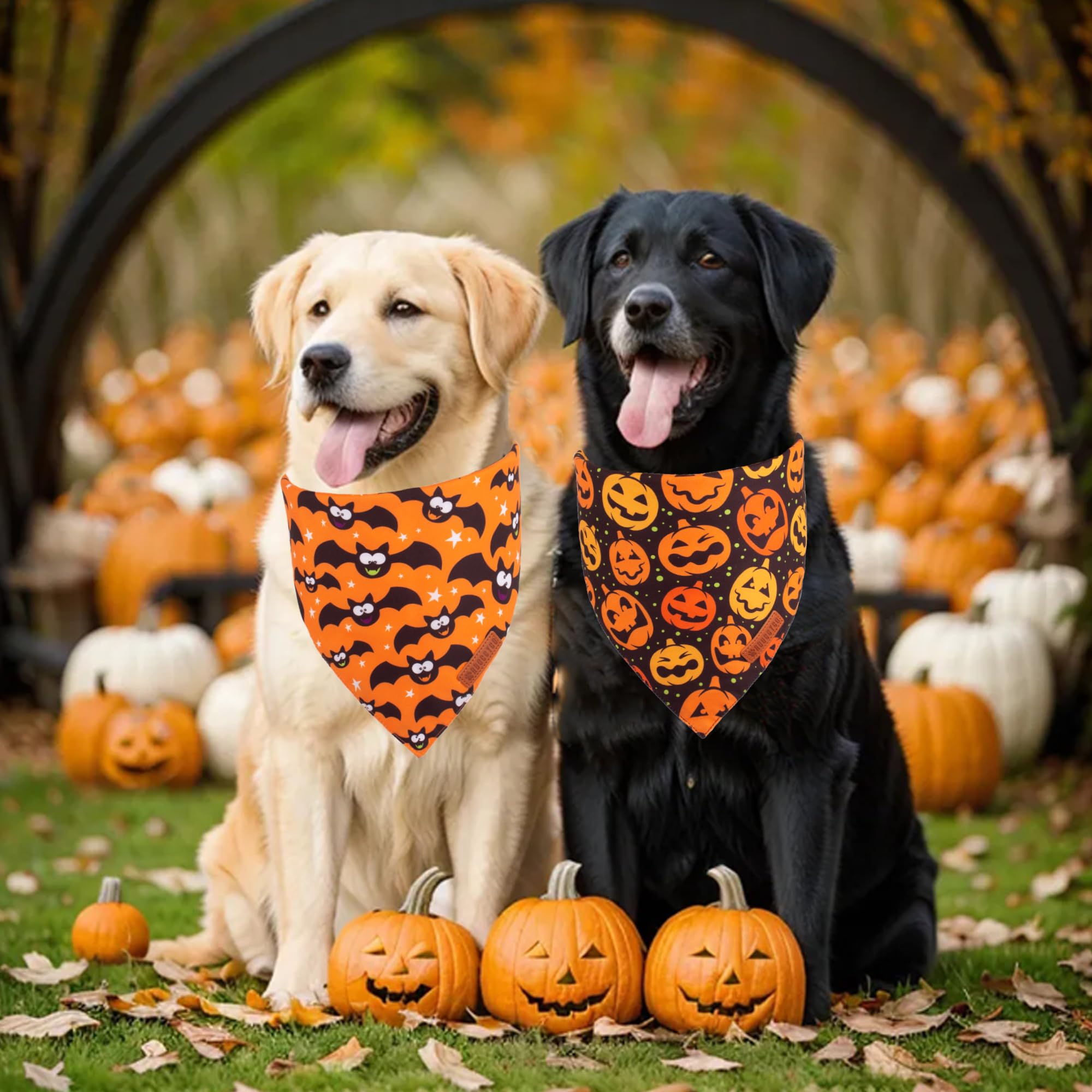 ADOGGYGO Halloween Dog Bandana, Pumpkin Bat Pet Scarf, Premium Durable Fabric, Adjustable Fit Halloween Bandanas for Large and E