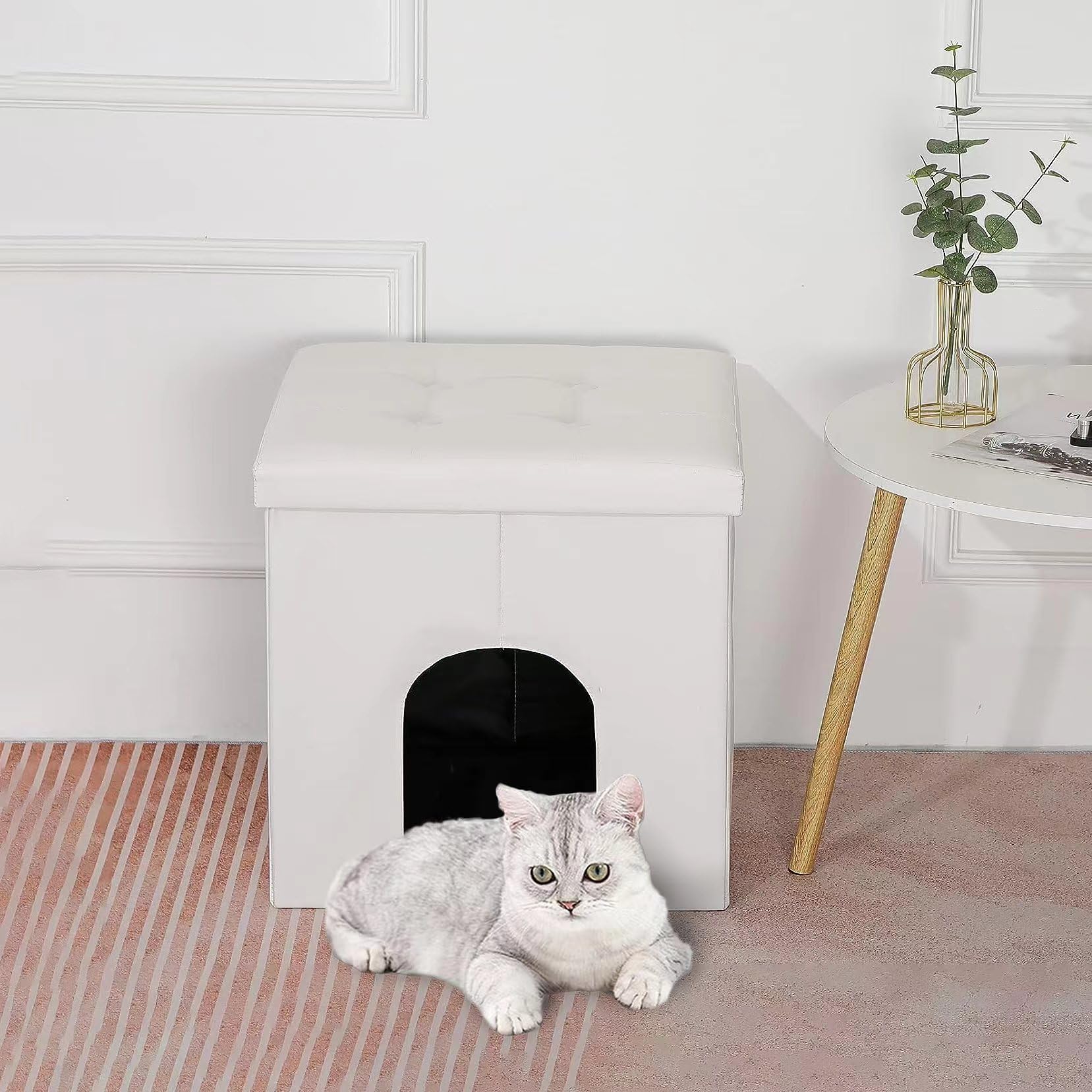 Meexpaws Cat Litter Box Enclosure Furniture Hidden, Small Cat Washroom Bench Storage Cabinet 20'' X 20'' X 20''| Dog Proof | Waterproof Inside | Easy Clean | Easy Assembly | Odor Control(White)