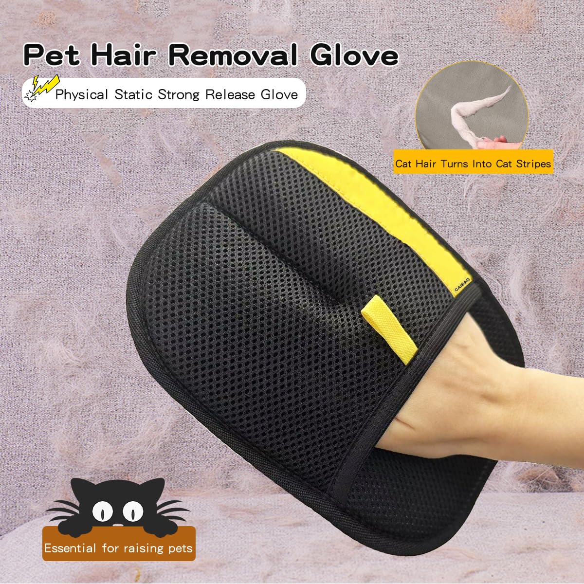 CAIBAO Pet Hair Removal Gloves - Reusable & Washable, 2pcs Black, Effortless Cleaning for Sofa, Clothing, Pet Beds, Ideal for Busy Pet Owners