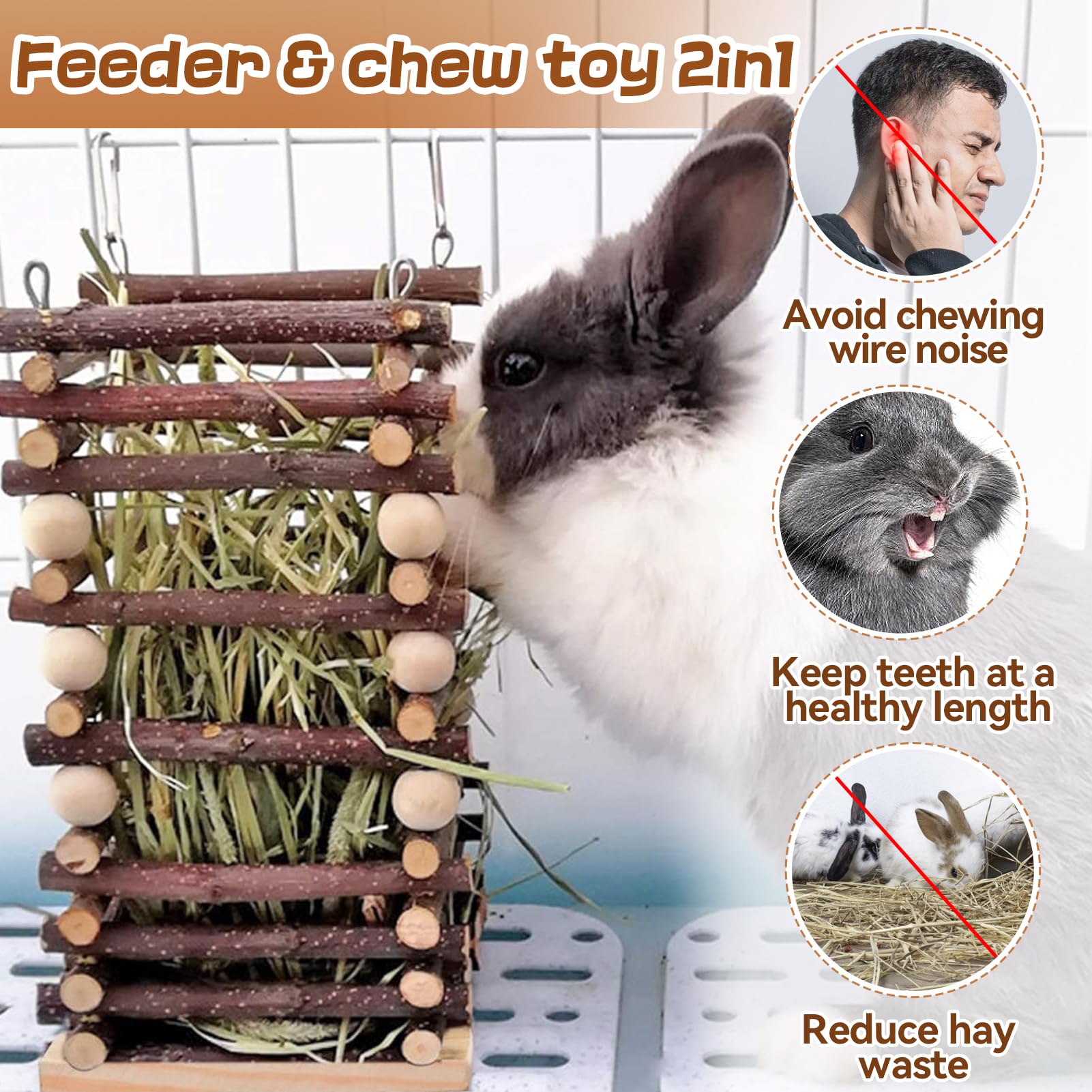 Hanging Apple Wood Rabbit Hay Feeder - Guinea Pig Grass Holder with 2 Hooks Biting Resistant Small Animals Chew Toy, Feeding Hay