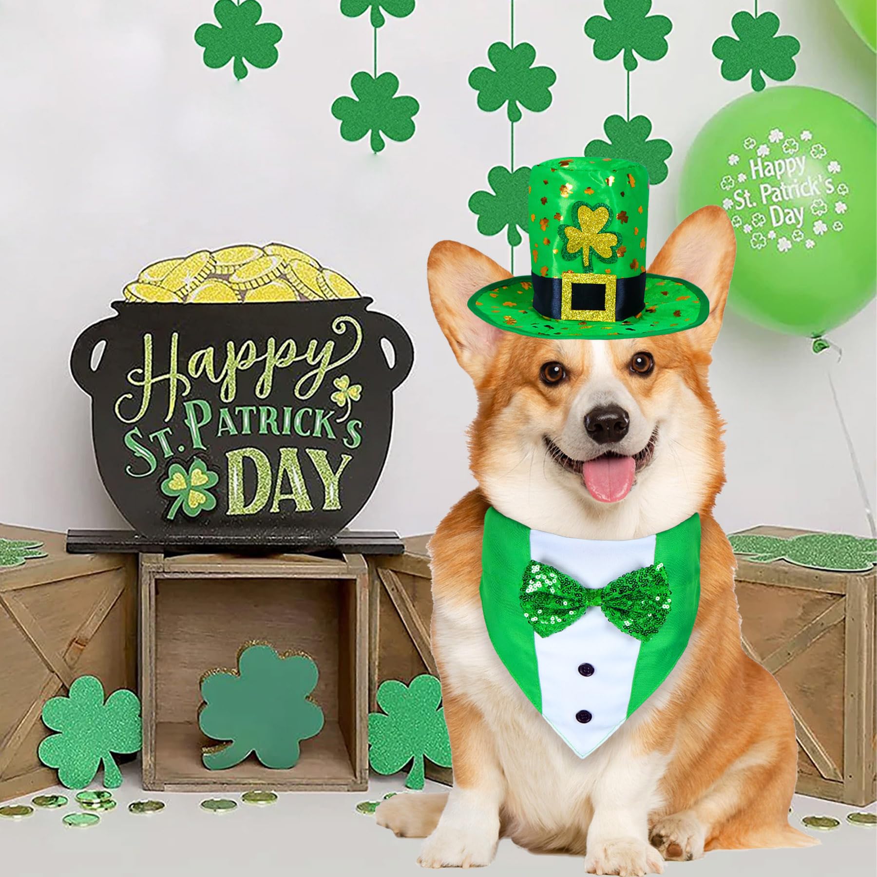 Goyoswa 2 Pcs Dog St. Patrick'S Day Outfit, St Patricks Day Dog Clothes Green Shamrock Dog Hat Dog Tuxedo Suit With Bow Tie For