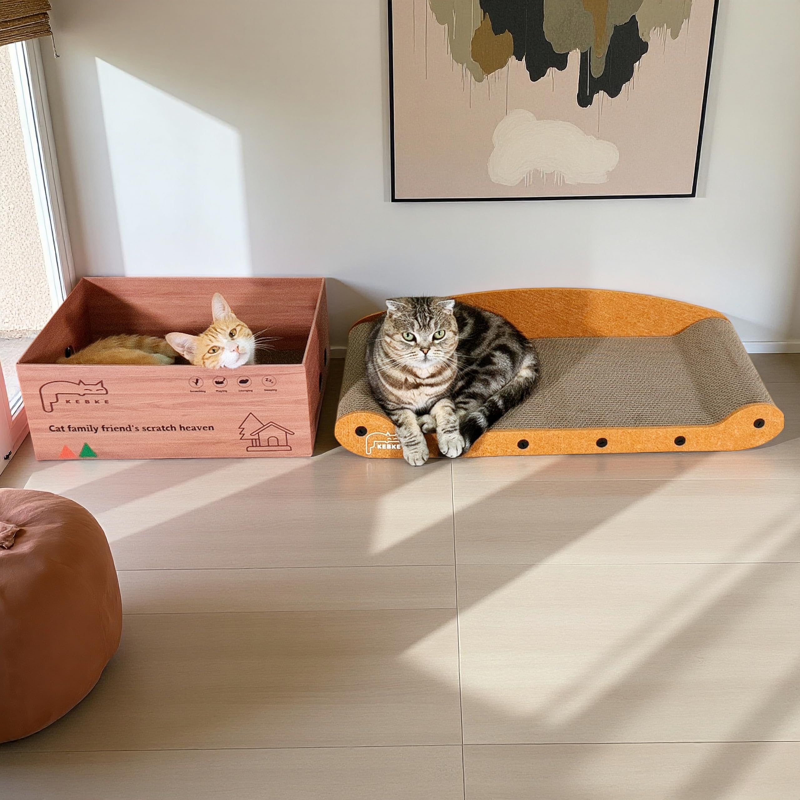 KEBKE Cat Scratcher Bed 27 Inch Cat Couch Scratcher &16 Inch Cat Scratch Box with Refillable Scratch Pad Cat Scratchers for Indo