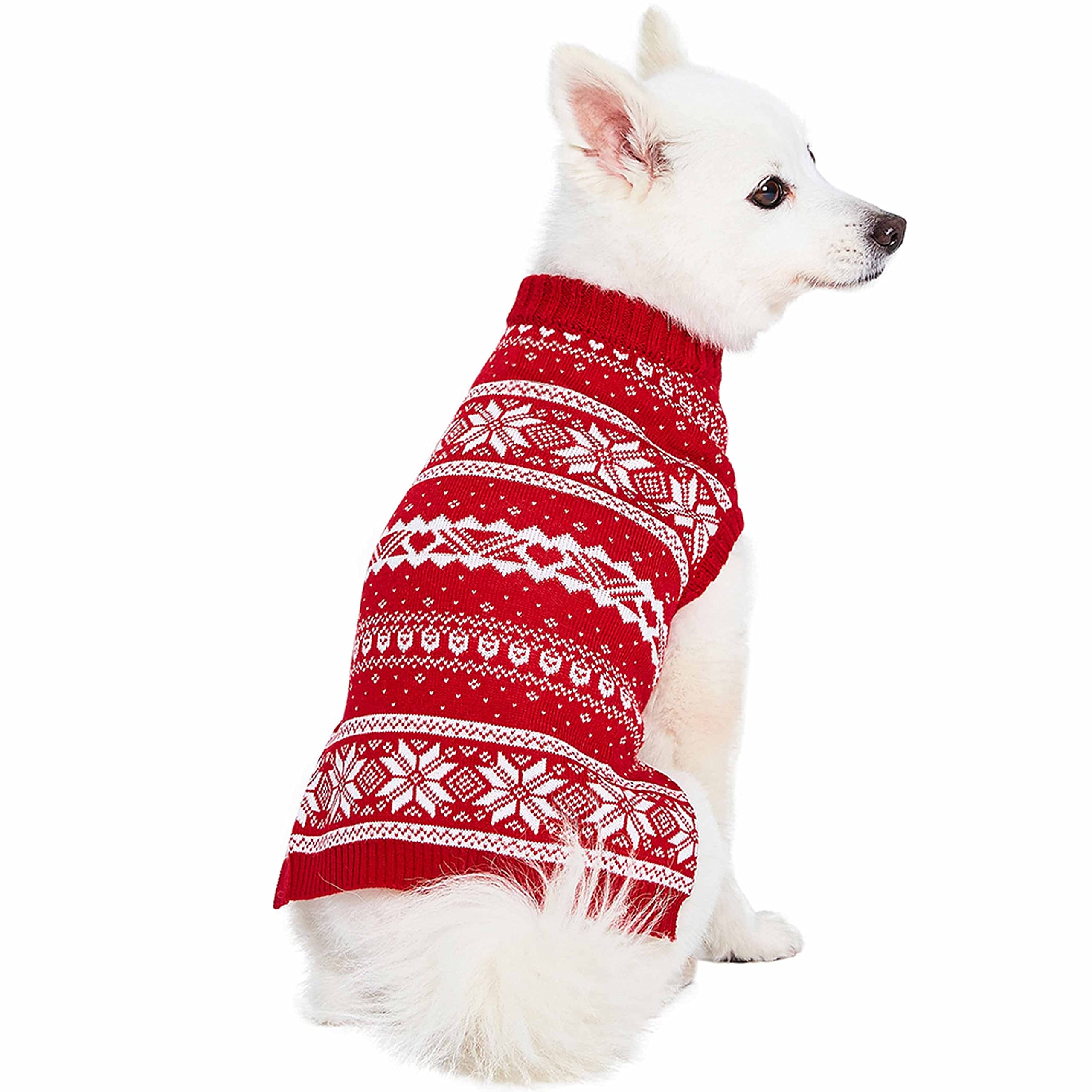 Blueberry Pet Ugly Christmas Snowflake Dog Sweater Mockneck Holiday Fair Isle Family Matching Clothes For Dog, Red, Back Length 14', Warm Winter Outfit For Medium Dogs