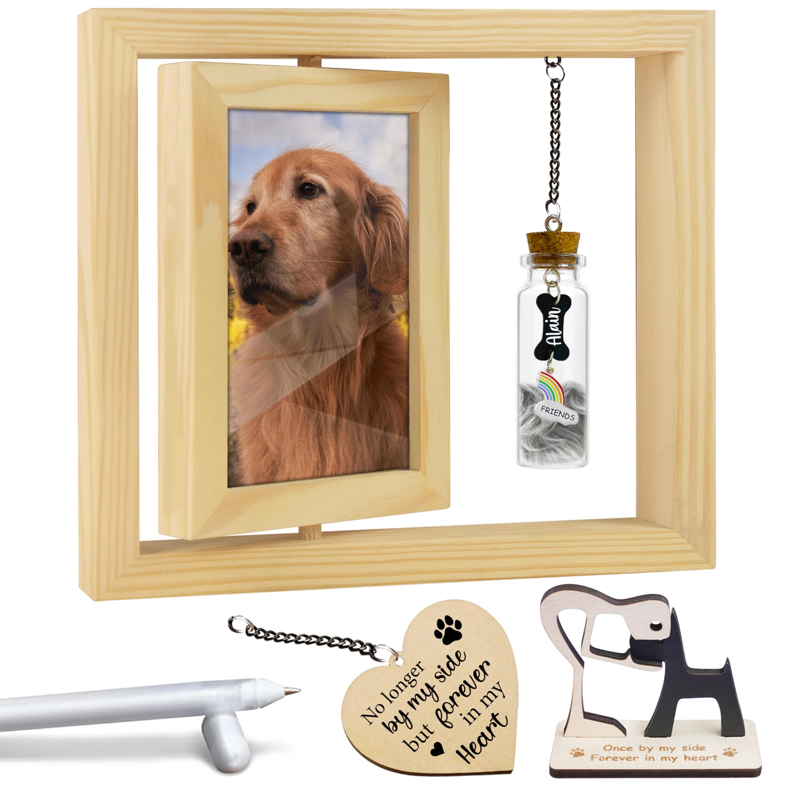 Pet Memorial Gift For Dogs Cats, Natural 360 Rotating Wooden Picture Frame 6X4 Photo, Pet Hair Keepsake Fur Jar Rainbow Bridge ,