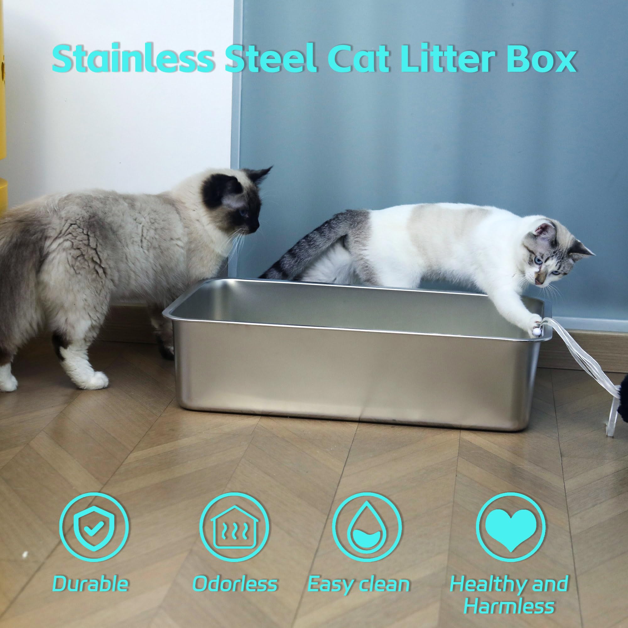 Egmehoad Stainless Steel Cat Litter Box Medium, Metal Litter Box-Stainless Steel For Cat/Kitty/Rabbits 17' L X 13.8' W X 6' H