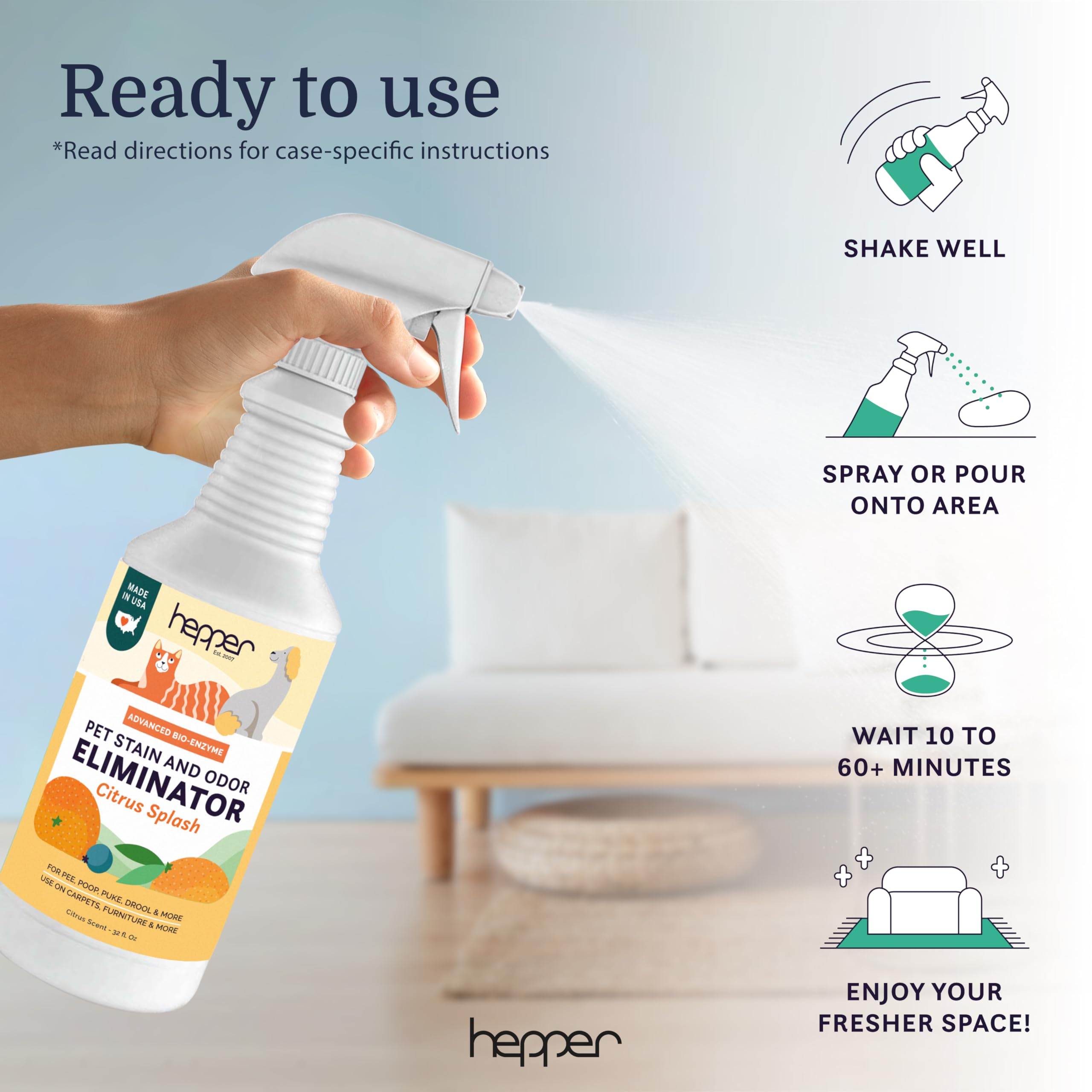 Hepper Advanced Bio-Enzyme Pet Stain & Odor Eliminator Spray - Smell, Stain & Urine Remover For Cats, Dogs & Other Animals - 32O