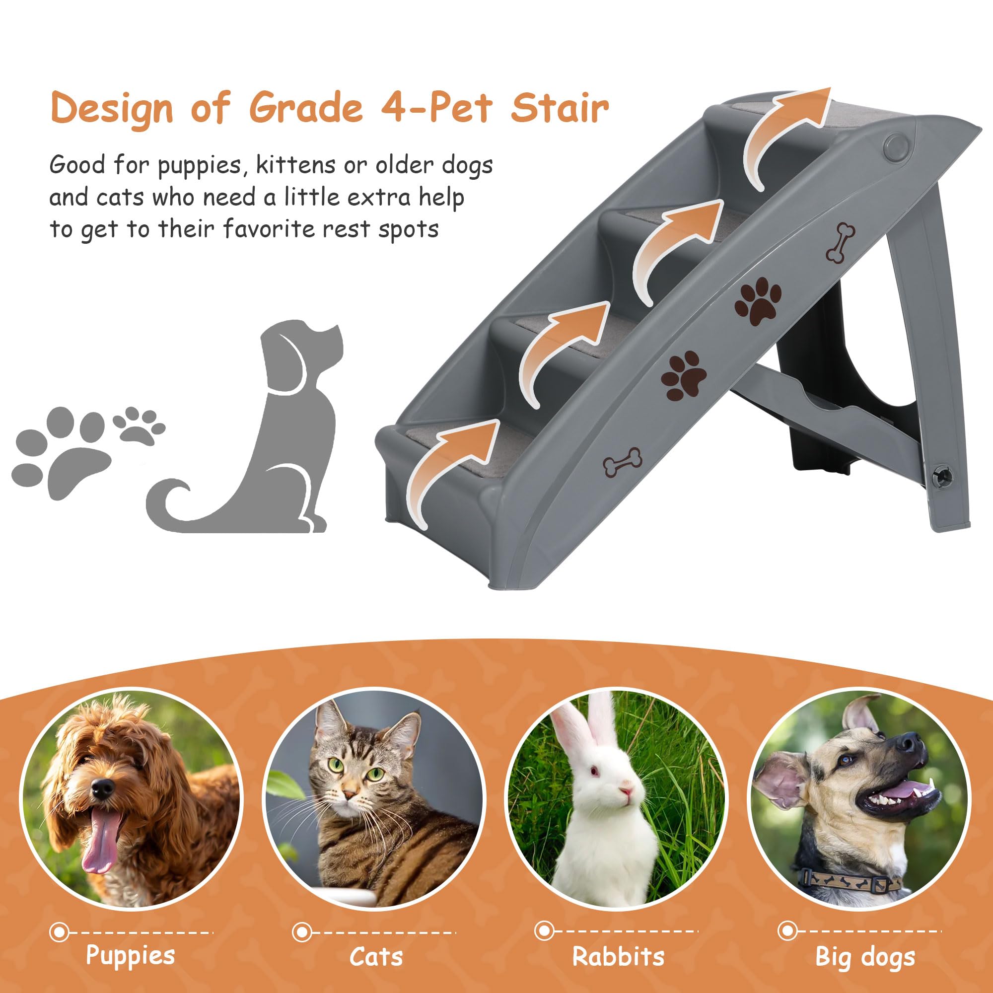 Foldable Pet Dog Stairs For Large Small Dogs Nonslip Dog Steps For High Bed Sofa Couch At Home And Vehicle Dog Ramp For Dogs To Get On Bed (Grey)