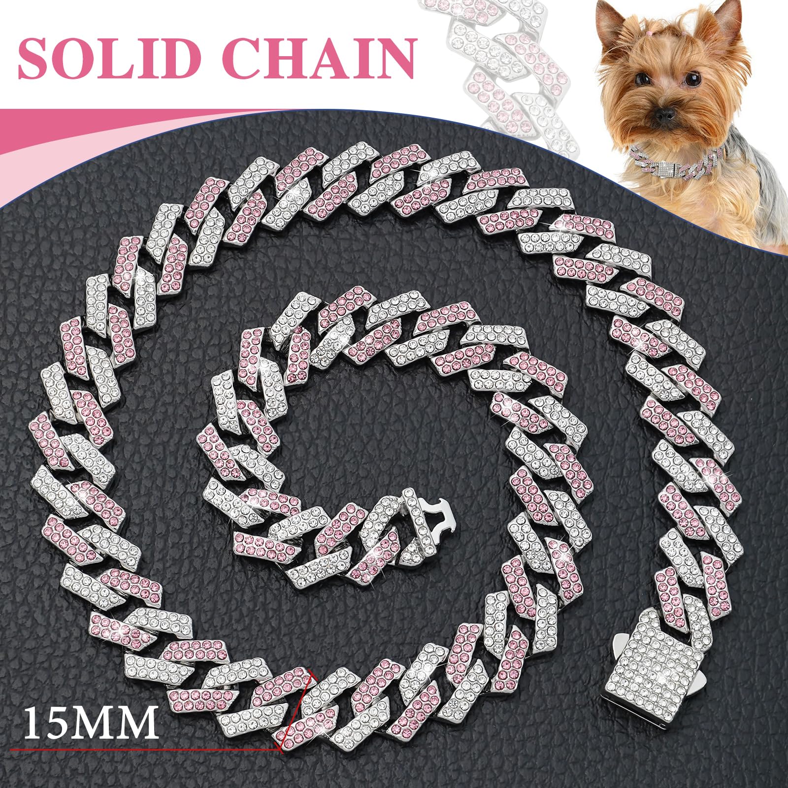 Pink Dog Chain Collar Diamond Link 15Mm Wide Dog Necklace Metal Cat Chains Pet Crystal Collars Jewelry Accessories For Small Med