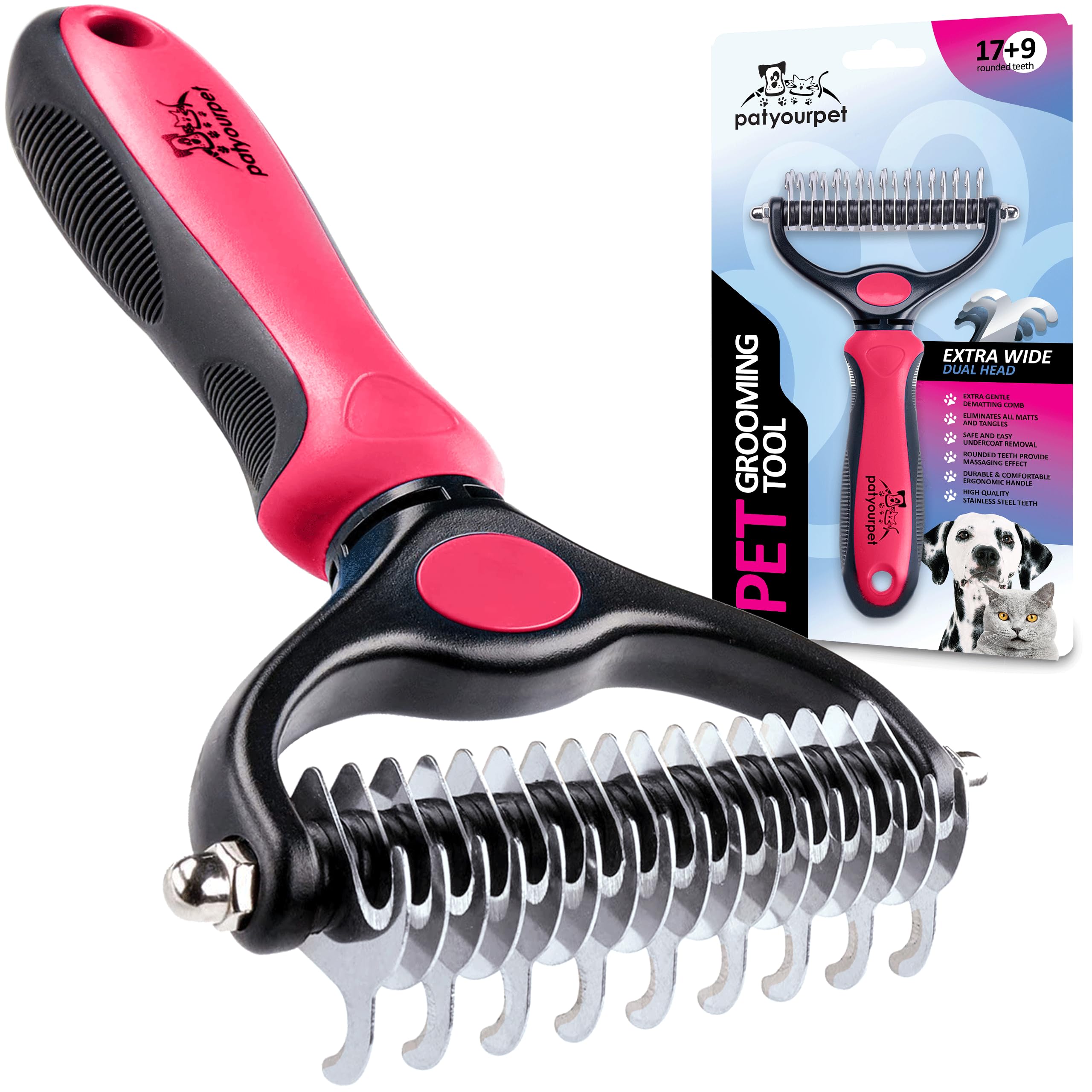 Pat Your Pet Deshedding Brush - Double-Sided Undercoat Rake For Dogs & Cats - Shedding Comb And Dematting Tool For Grooming, Extra Wide