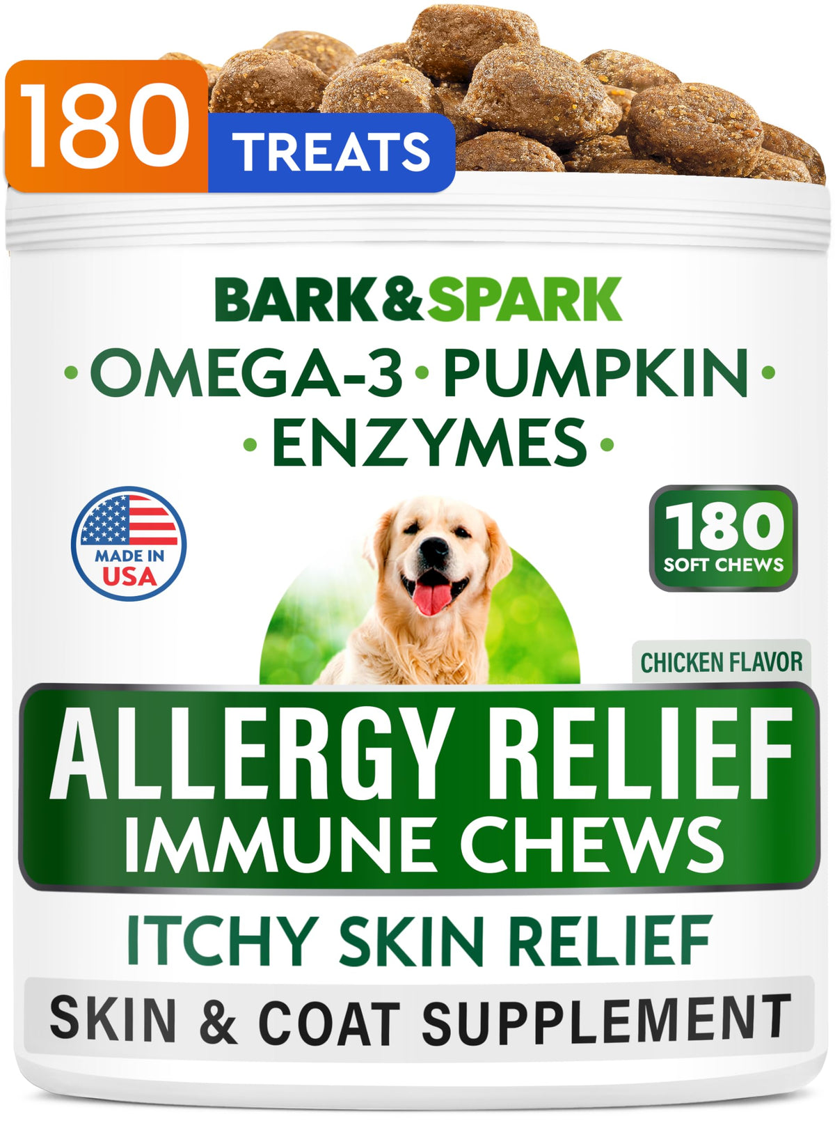 Bark&Spark Dog Allergy Relief Chews (180 Immune Treats) - Anti-Itch Skin & Coat Supplement - Omega 3 Fish Oil - Itchy Skin Relie