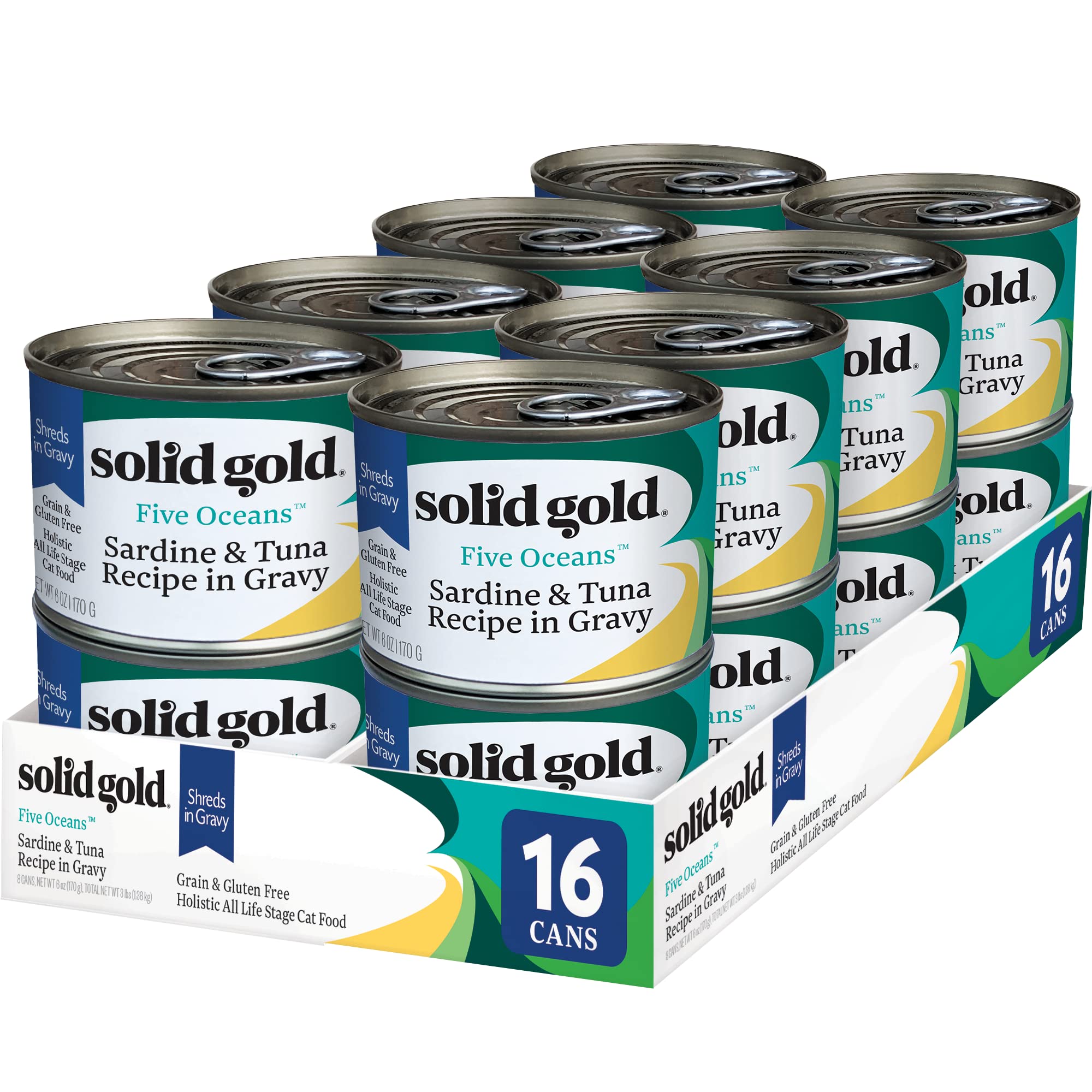 Solid Gold Wet Cat Food Shreds in Gravy - Canned Cat Food Made w/Real Tuna & Sardine - Five Oceans Grain Free 16ct/6oz Can