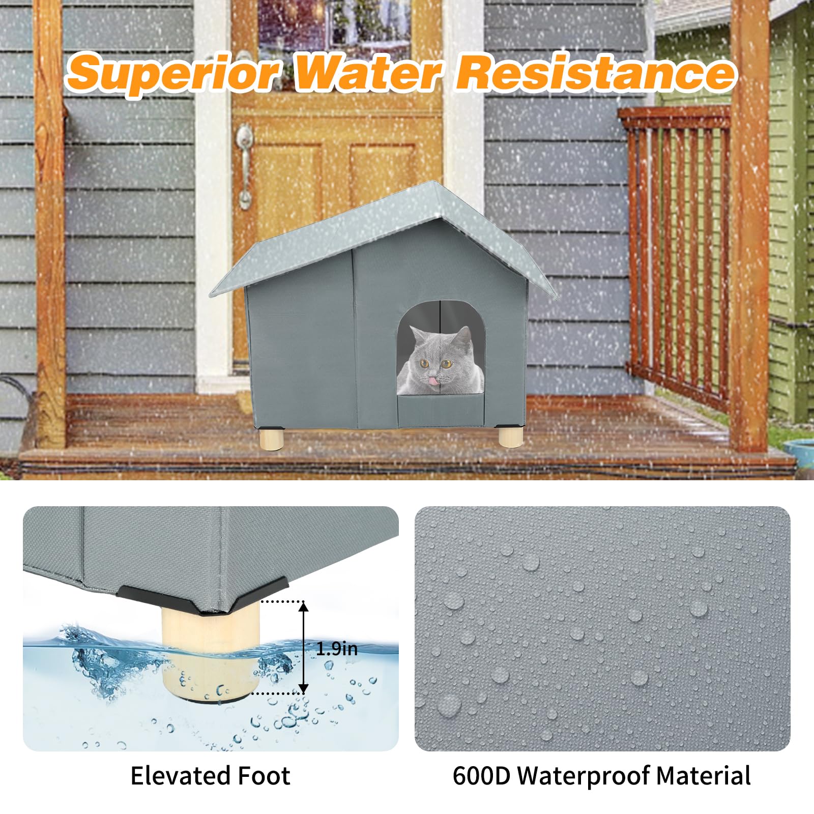 Midollarle Elevated Heated Cat House, Waterproof, Insulated, 19.7"W x 13.4"D x 18.1"H, Grey, with Thermostatic Heating Pad