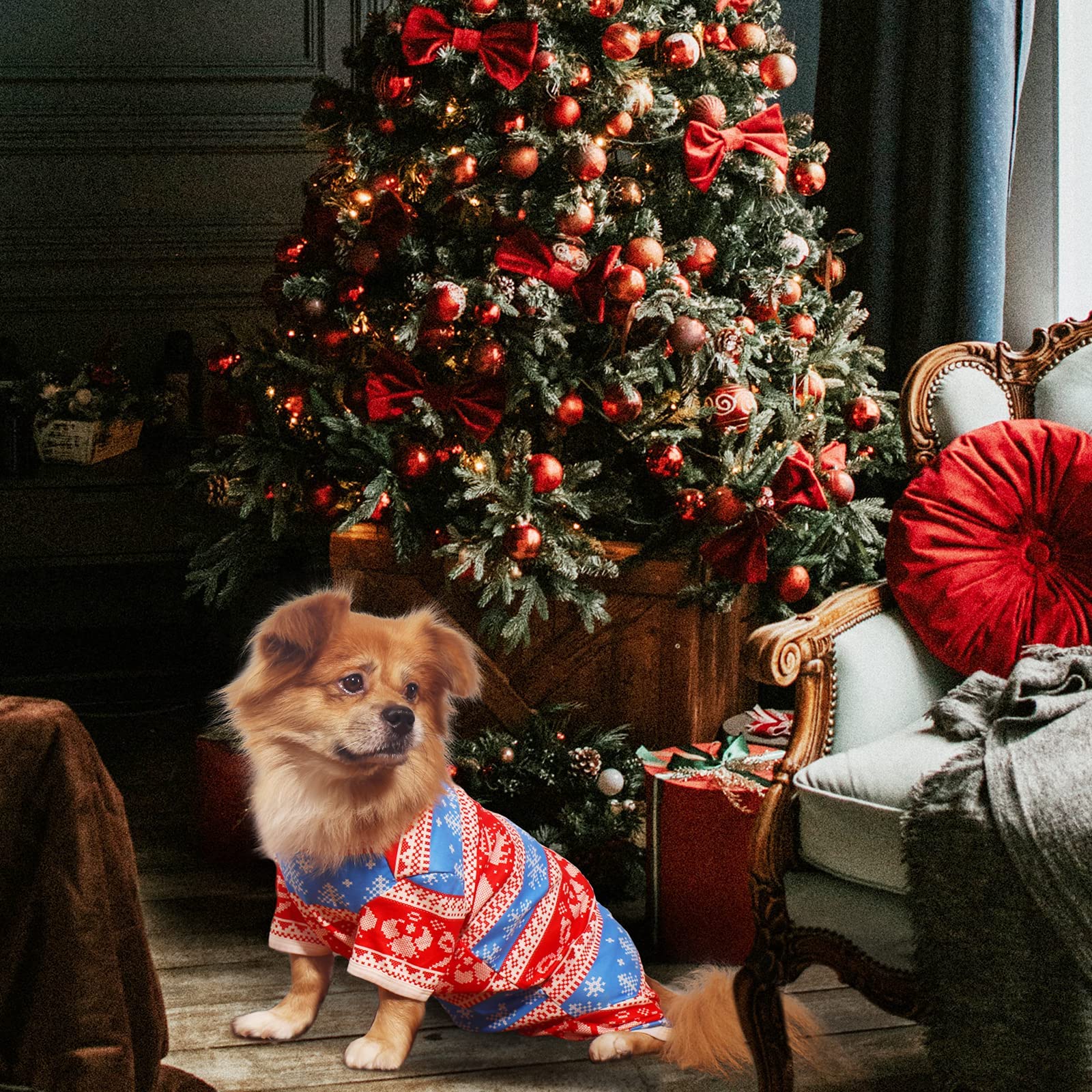 Tony Hoby Dog Pajamas, Dog Jumpsuit With Snoeflake Pattern, Warm Dog Shirts For Small Medium Dog (Red&White, Boy, S)
