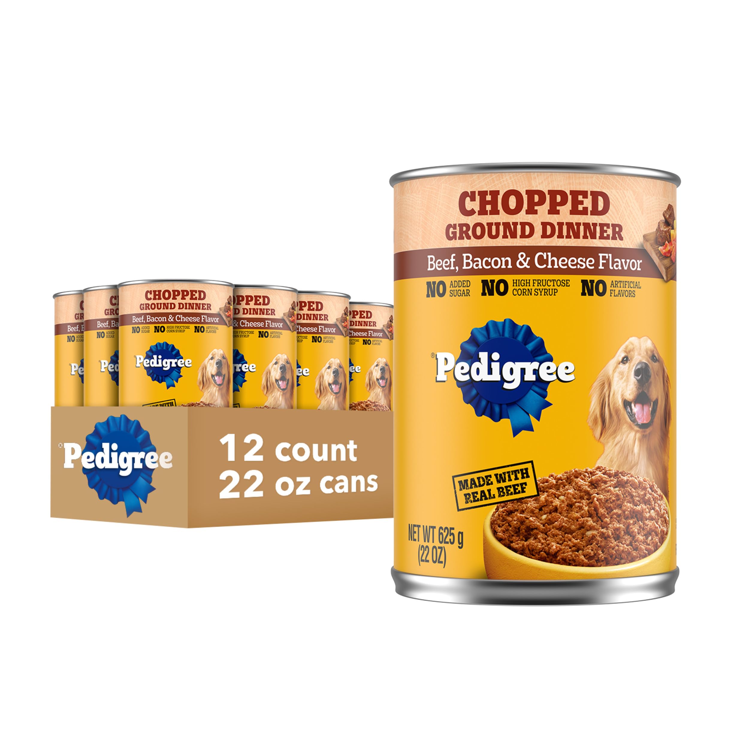 Pedigree Chopped Ground Dinner Adult Wet Dog Food Beef Bacon & Cheese Flavor, 22 oz. Cans (12 Count, Pack of 1)