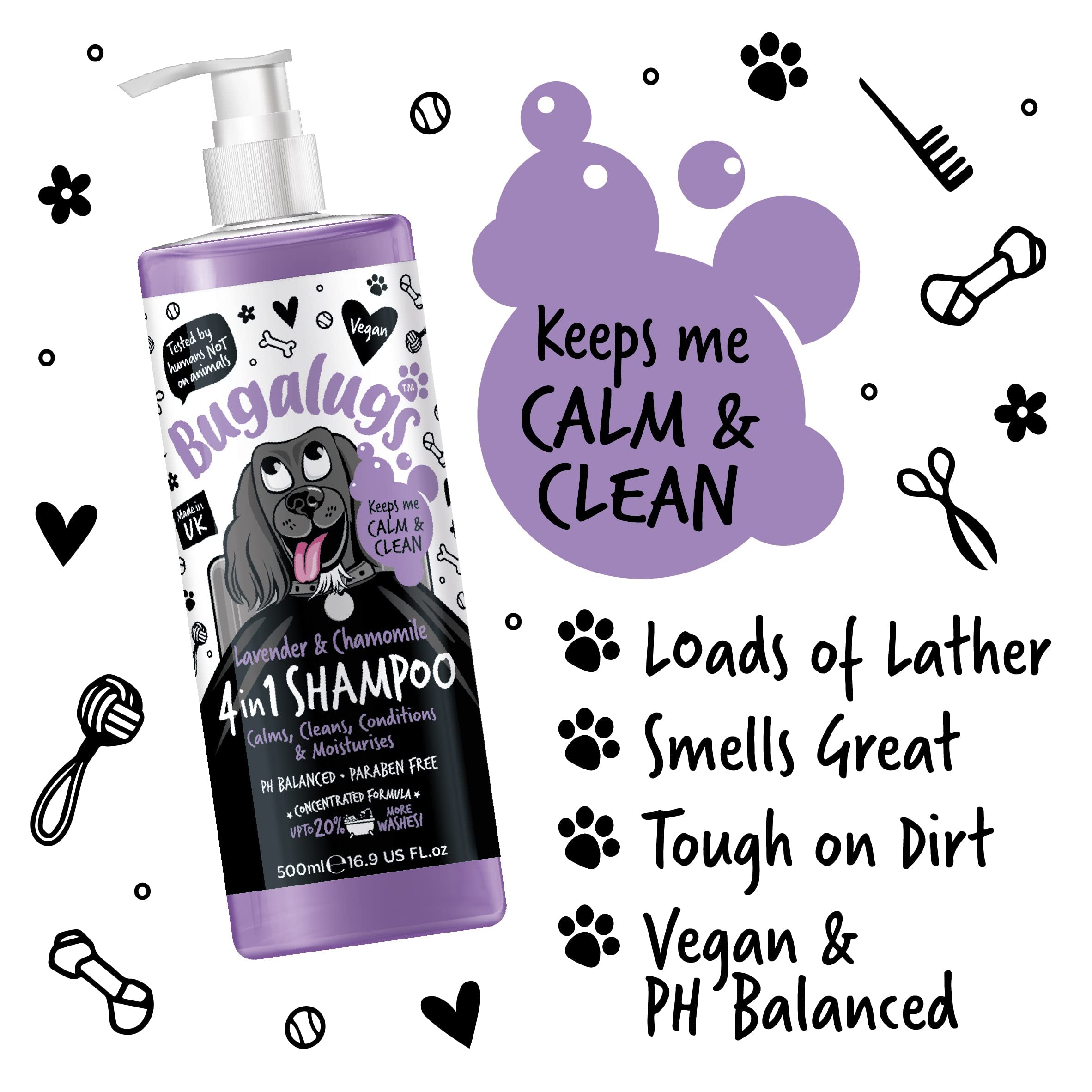 Dog Shampoo By Bugalugs Lavender & Chamomile 4 In 1 Dog Grooming Shampoo Products For Smelly Dogs With Fragrance, Best Puppy Shampoo, Vegan Pet Shampoo & Conditioner