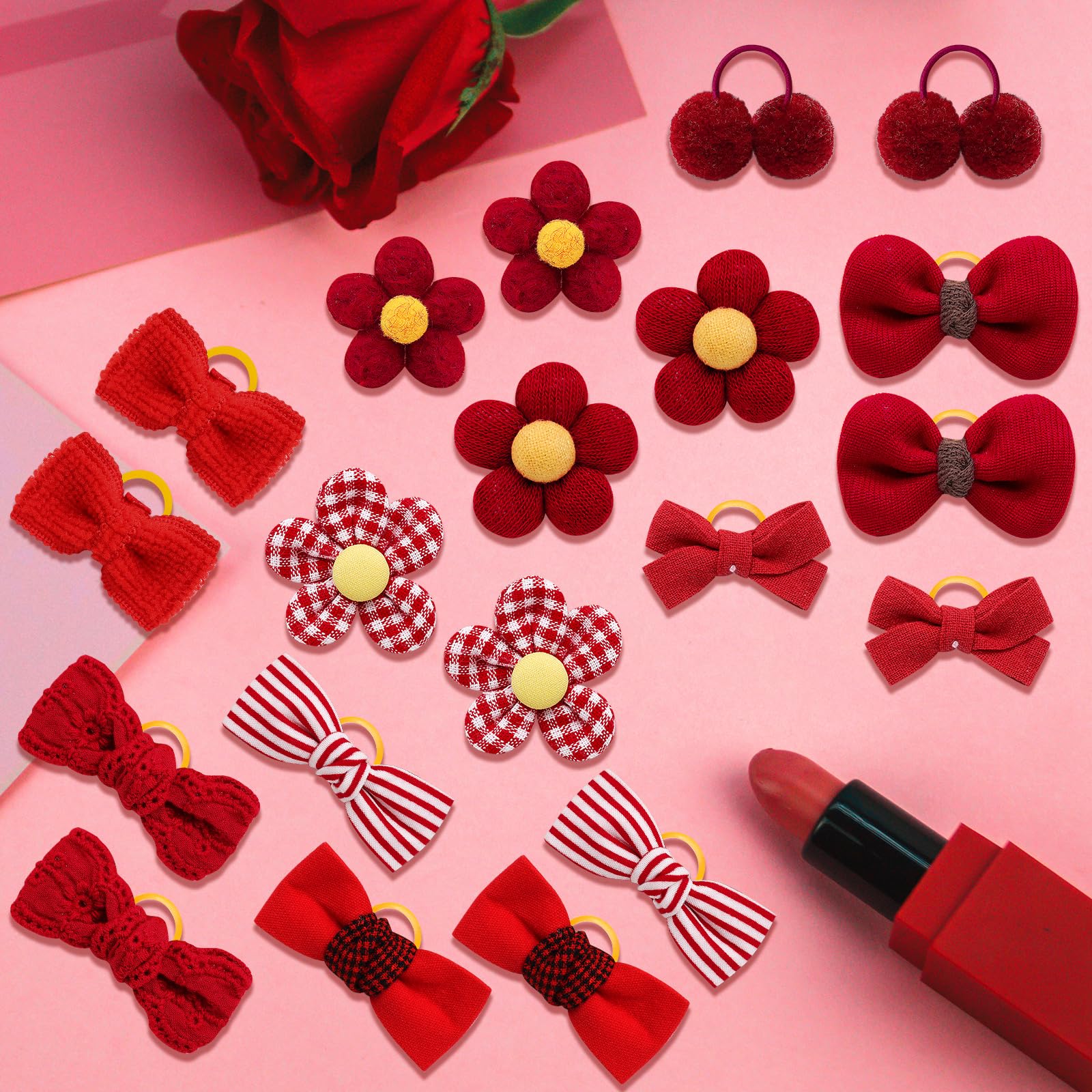 Mruq Pet 20Pc Red Small Dog Hair Bows With Rubber Bands, Bulk Puppy Dog Hair Bows, Mix Handmade Cute Dog Gooming Flower Ball Bow