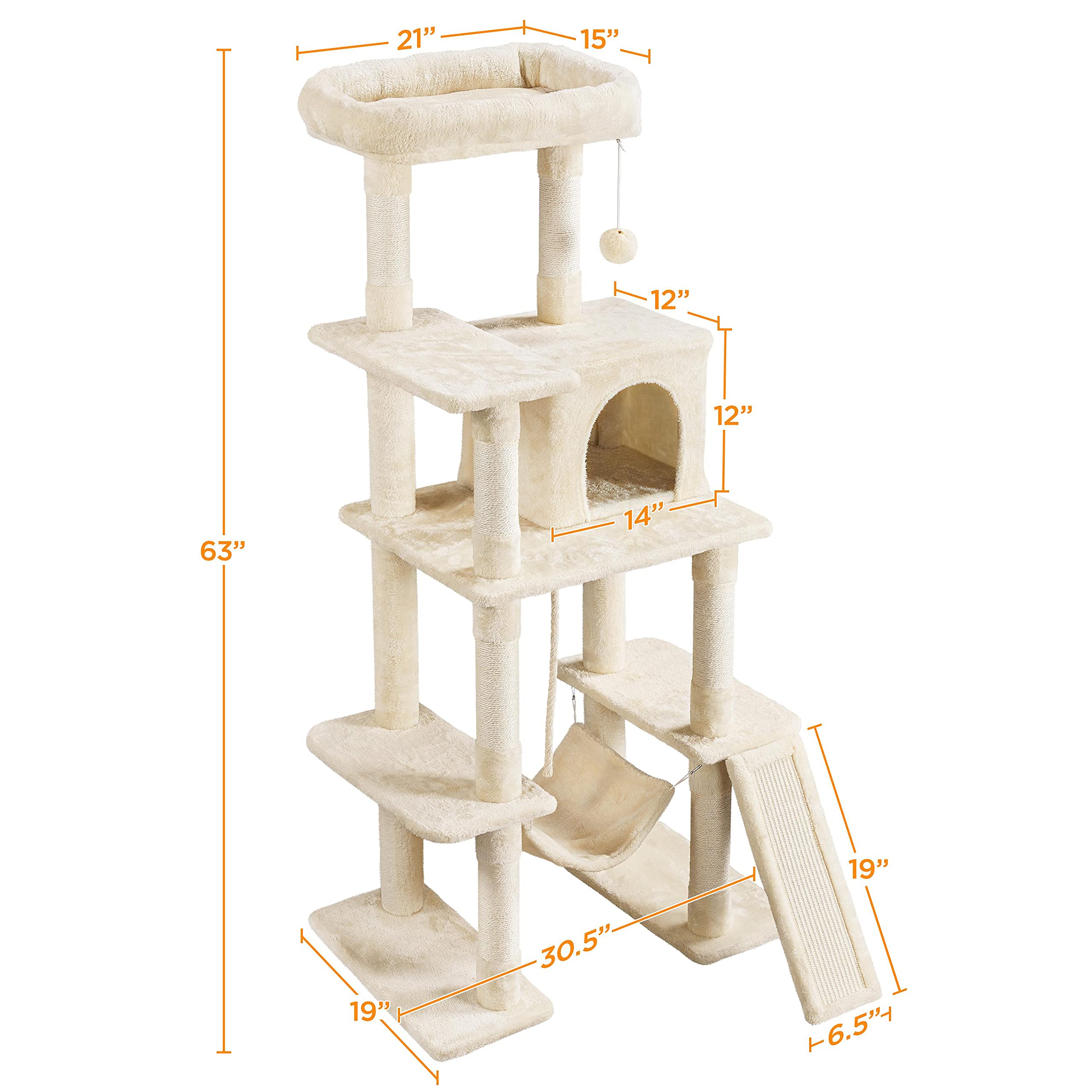 Yaheetech Cat Tree, 63 Inches Multi-Level Indoor Cat Play Structure With Scratching Posts, Hammock, And Dangling Ball