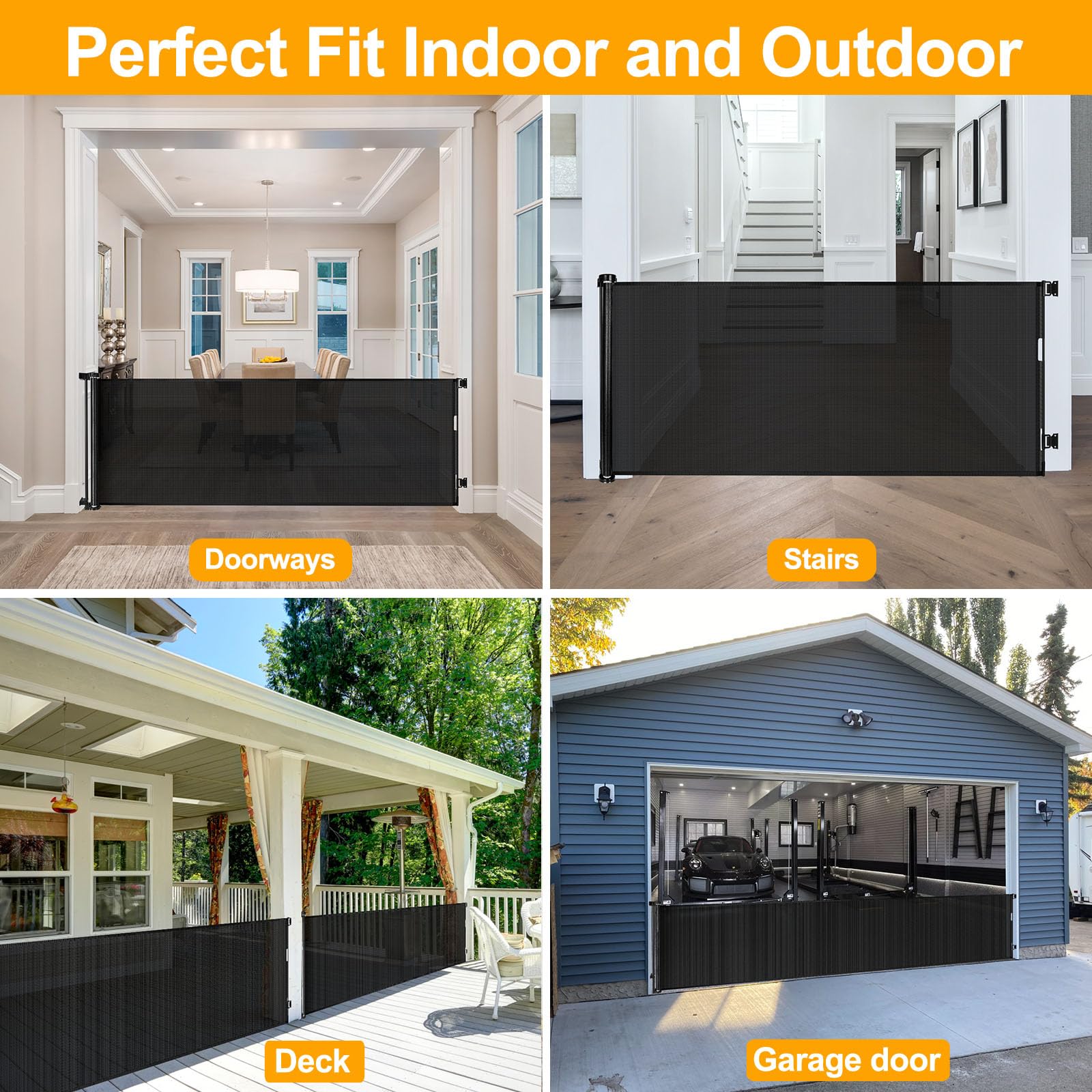 Womhom 100 Inch Extra Wide Baby Gate For Large Opening Retractable Baby Gates For Dogs Indoor Safety Gate Dog Gates For The House Extra Long Baby Gate For Stairs Outdoor Mesh Large Pet Gate (Black)