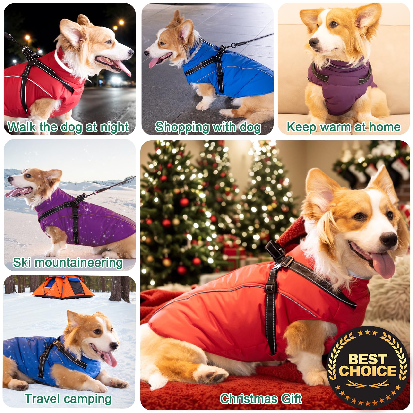 Fragralley Waterproof Dog Coat with Harness, Fleece Lined Warm Puffer Jacket, Adjustable Reflective Windproof Parka for Small Me