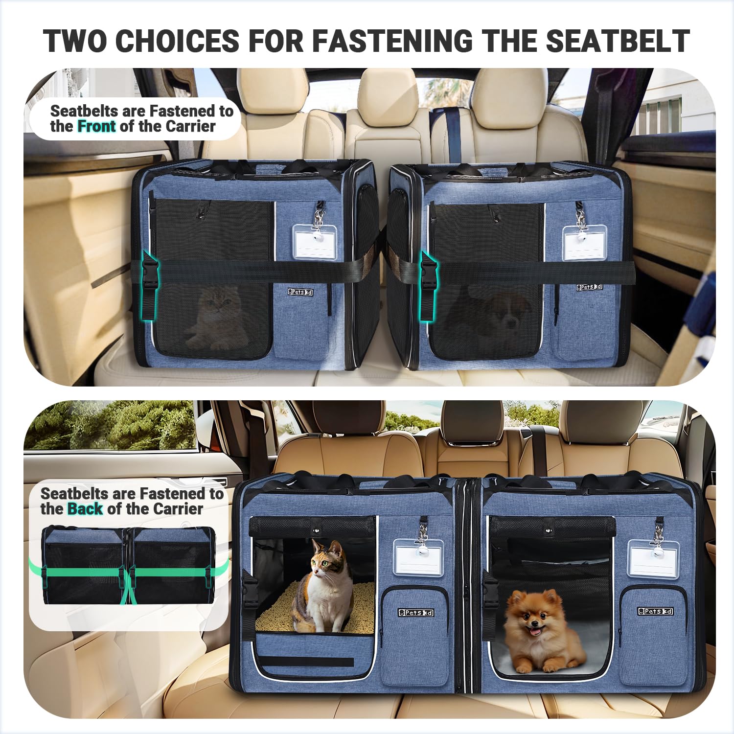 Petskd 2 In 1 Double Cat Car Travel Carrier With Litter Box, 38''X17''X18'' Portable Dual Extra Large Cat Carrier For Multiple C