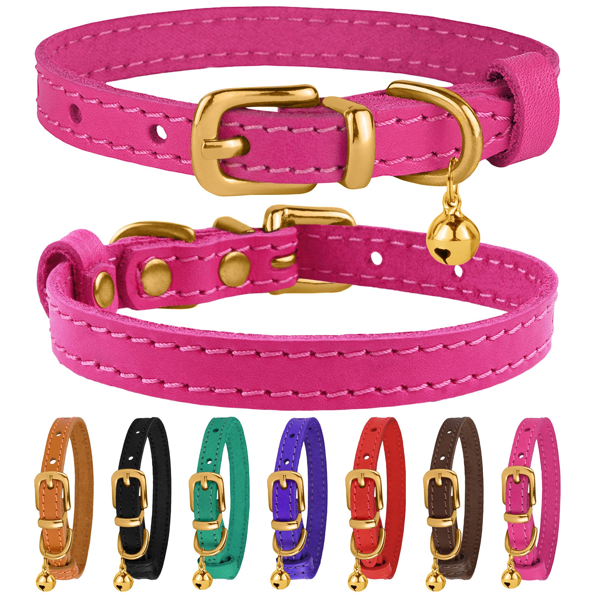 Bronzedog Leather Cat Collar With Bell Non Breakaway Kitten Qr Tag For Girl Boy (9' - 11' Cats/Mini Dogs, Pink & Gold)