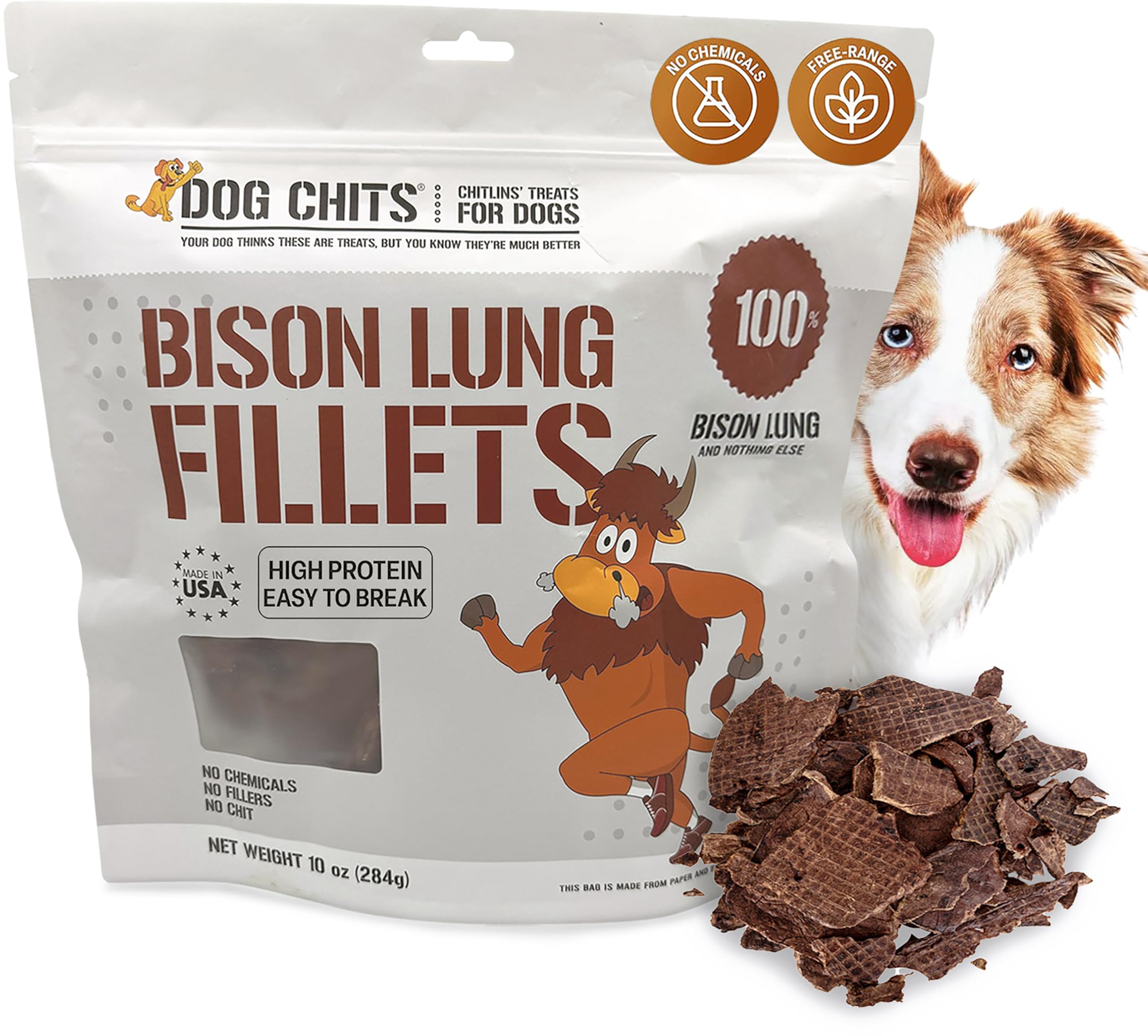 Dog Chits Bison Lung Fillets Dog and Puppy Treats - All Natural Grain and Chemical Free Training Chews - High Protein and Low Fa
