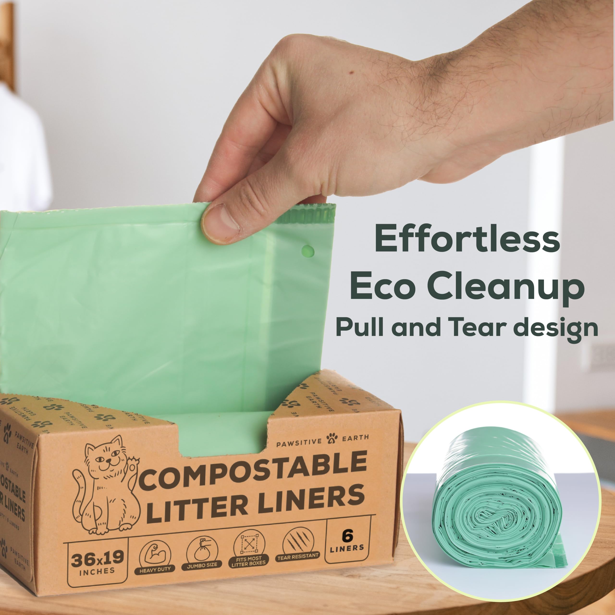 Cat Litter Box Liners 100% Compostable - Drawstring Close - 6 Count - Jumbo Size 36' X 19' - Tear & Leak Resistant - Ok Compos