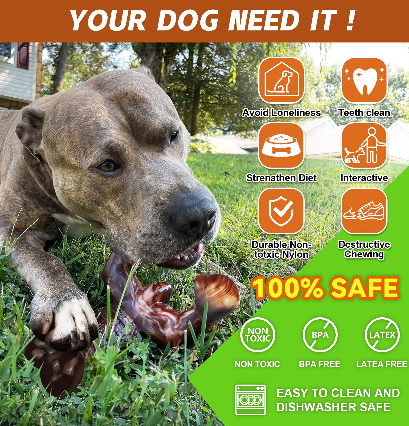 Moxikia Dog Chew Toys For Aggressive Chewers Almost Indestructible Dog Toys,Bacon Flavor,Tough Dog Bone Toys For Medium/Large Br