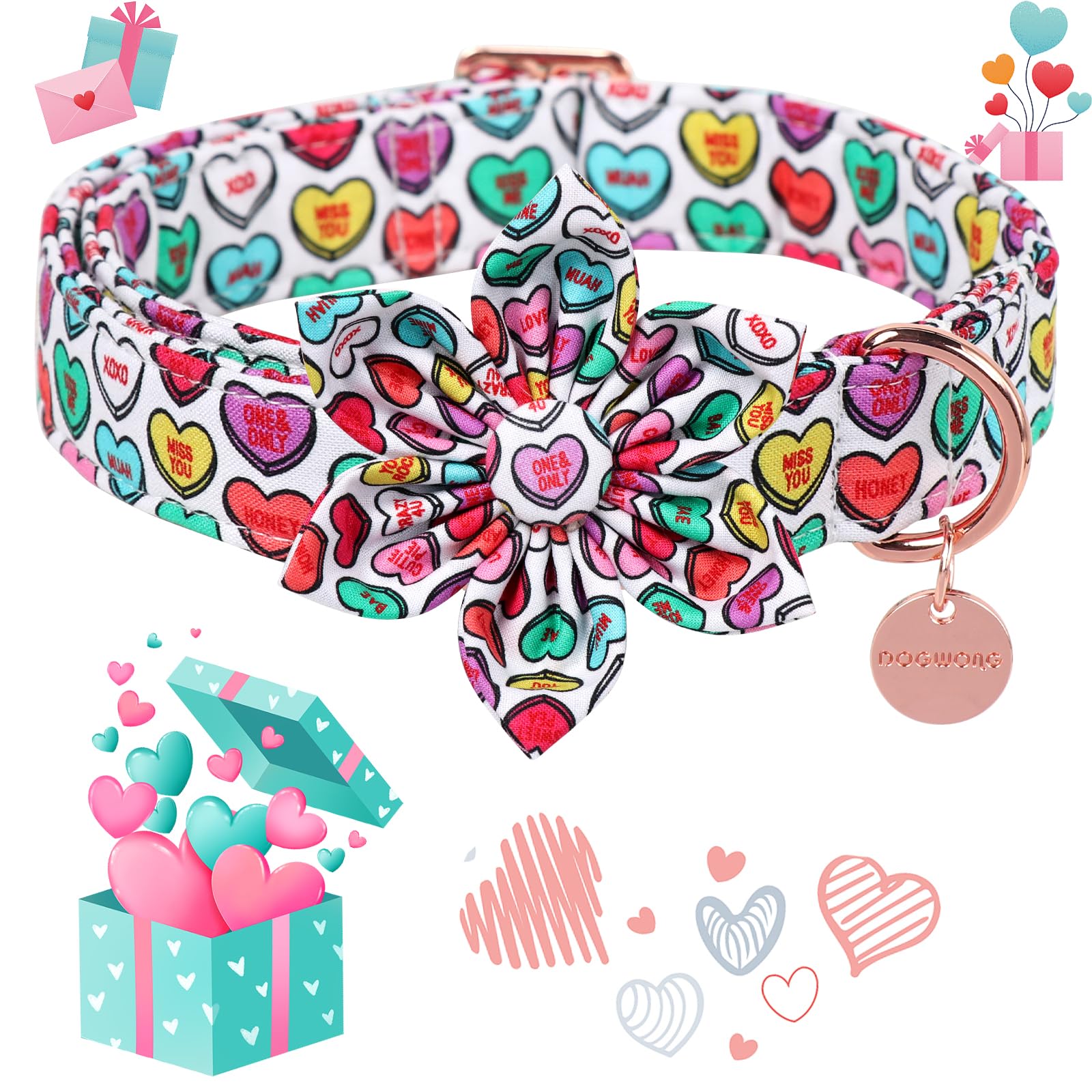 Dogwong Valentine'S Dog Collar With Flower, Adjustable Durable Pink Heart Dog Collar Cute Dog Collar For Small Medium Dogs