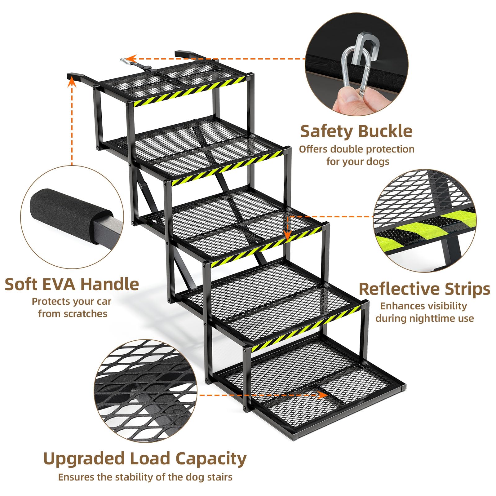 Dog Stairs For Large Dogs, Linvivon Extra Wide 20'' Dog Steps With Non-Slip Surface And Reflective Strips, Outdoor Foldable Dog