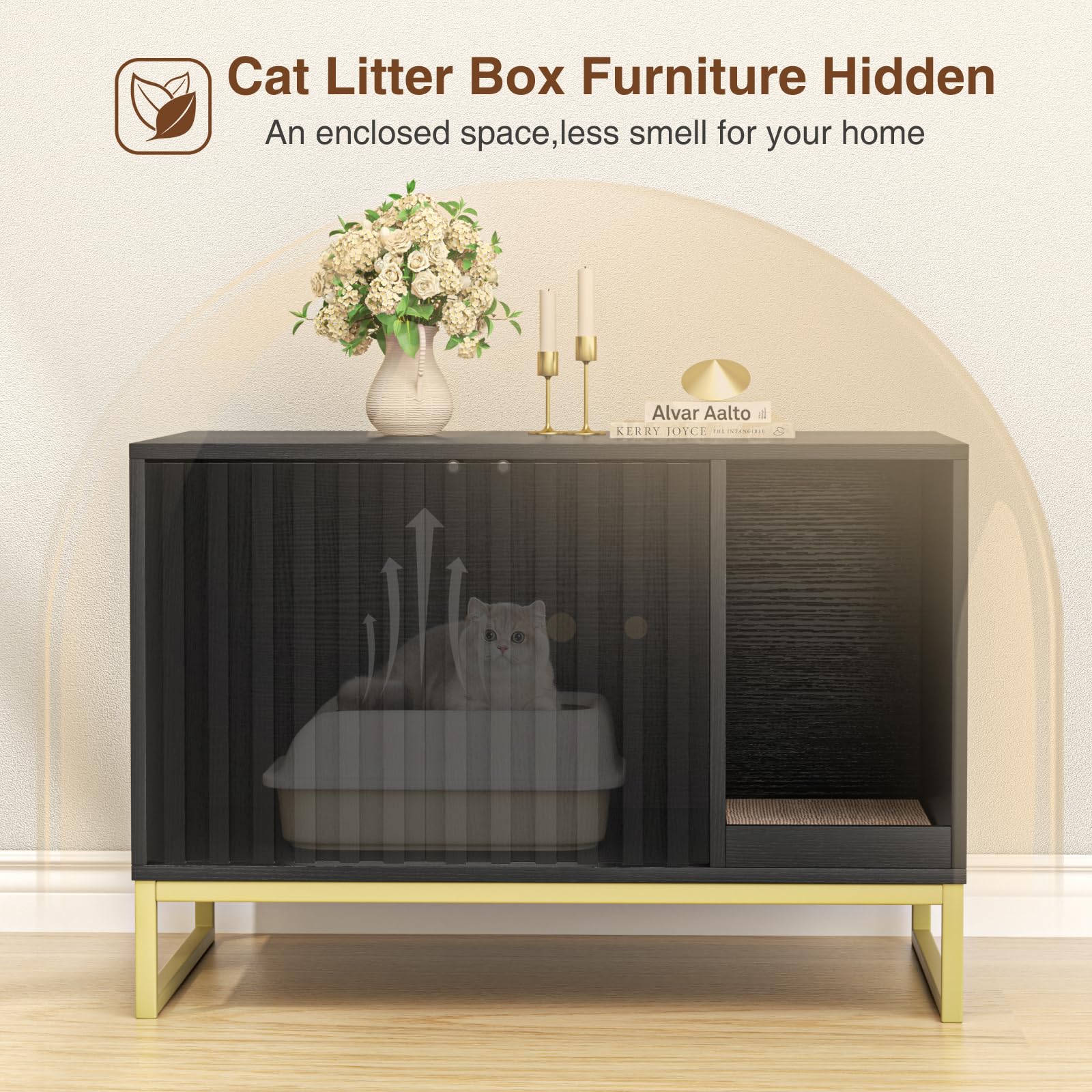 Halitaa Litter Box Enclosure, Modern Cat Litter Box Furniture Hidden Litter Box With Scratch Pad, Cat Washroom House End Table,