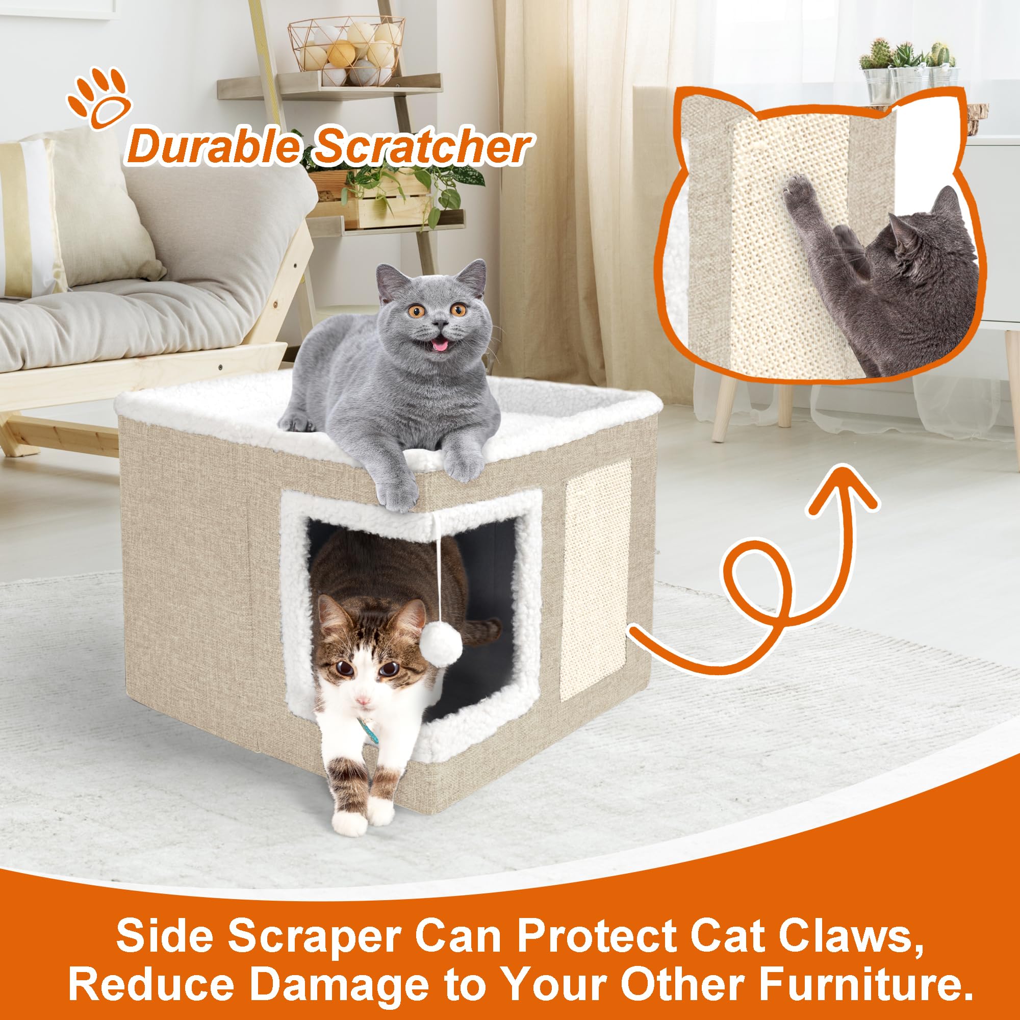 Loyareal Cat Houses for Indoor Cats - Large Cat Bed Cave with Scratch Pad and Fluffy Ball, Foldable Cat Condo Hideaway with Reve