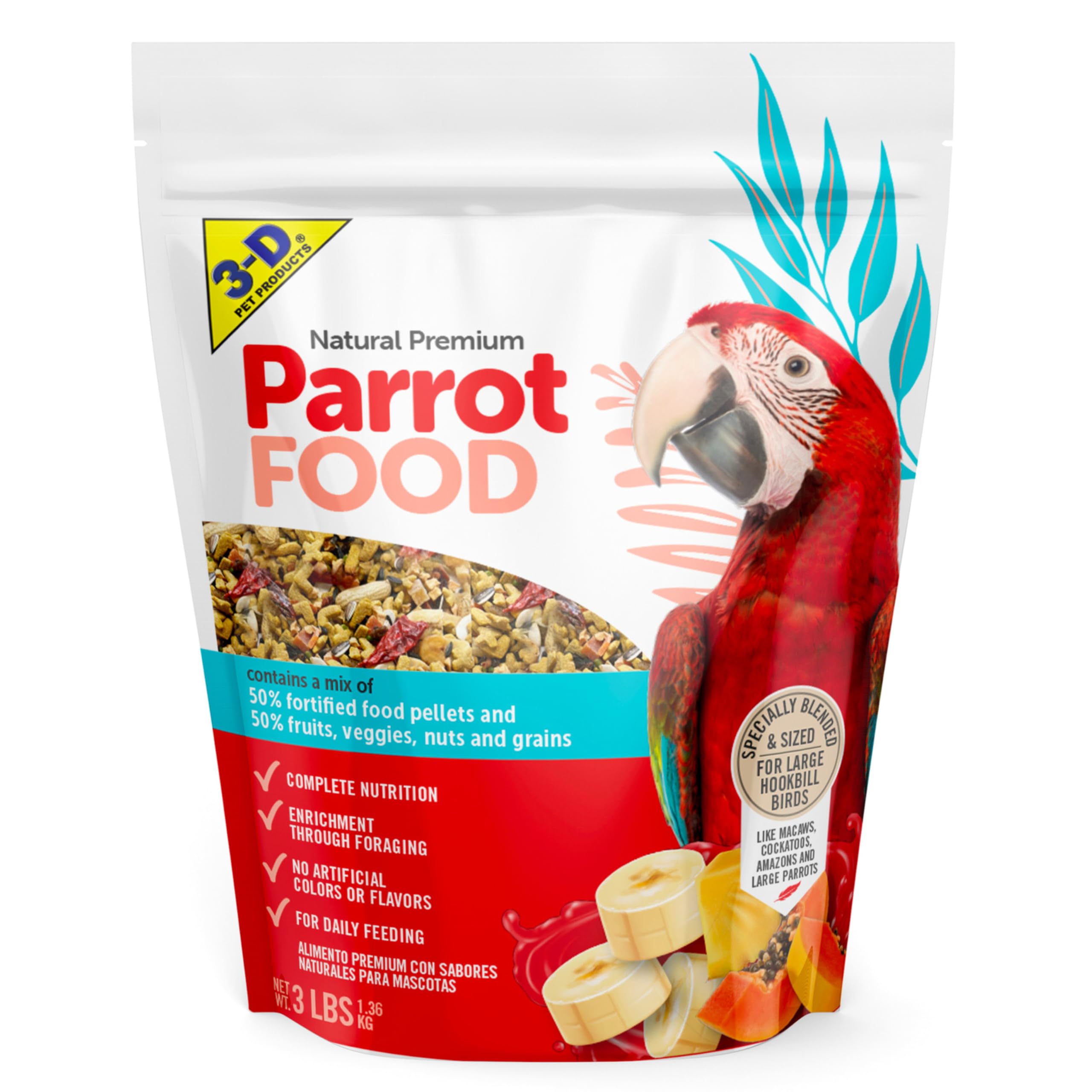 3-D Pet Products Natural Premium Parrot Food - Complete Nutritional Mix with Natural Fruits, Nuts & Veggies - 50% Fortified Pell