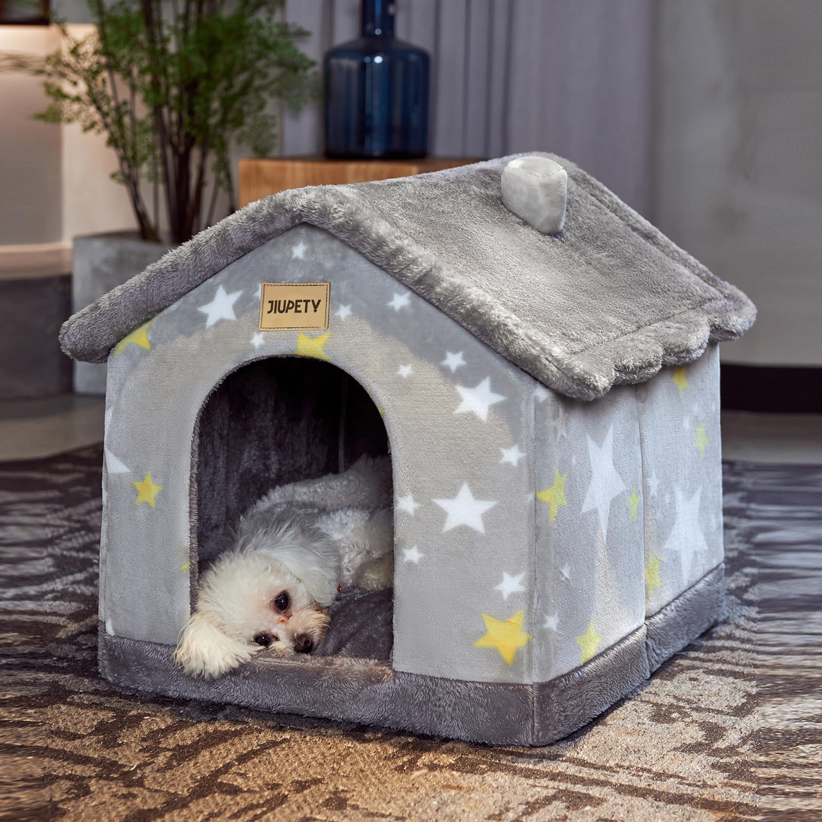 Jiupety Cute Small Dog House Indoor, Foldable House Kennel Bed Mat with Cushion, L Size Dog Tent Up to 30 lbs, Dog Cave Bed with
