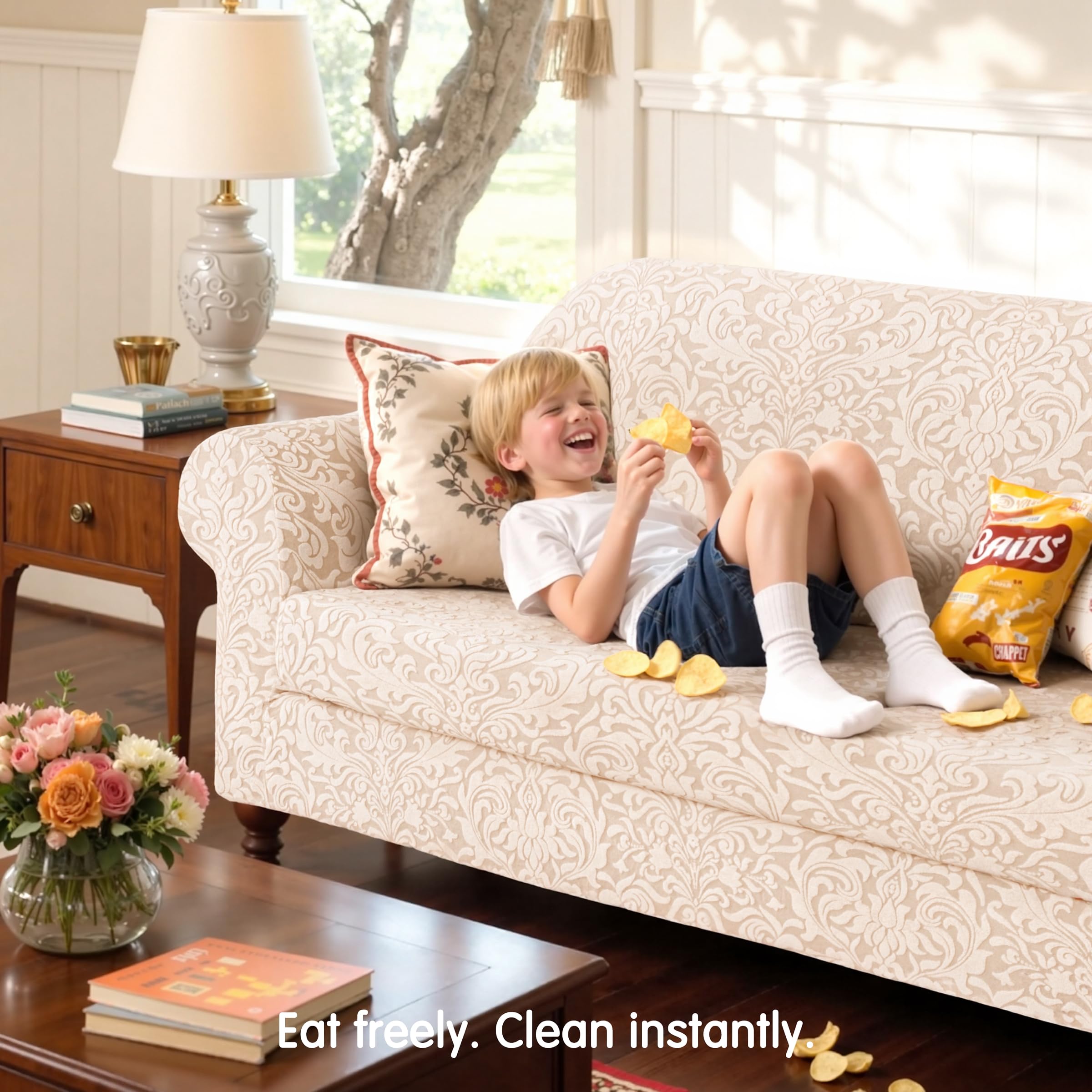 SUBRTEX 2 Piece Loveseat Covers, Jacquard Damask 2 Seater Couch Cover with Seat Cushion, Stretch Non Slip Furniture Protector fo