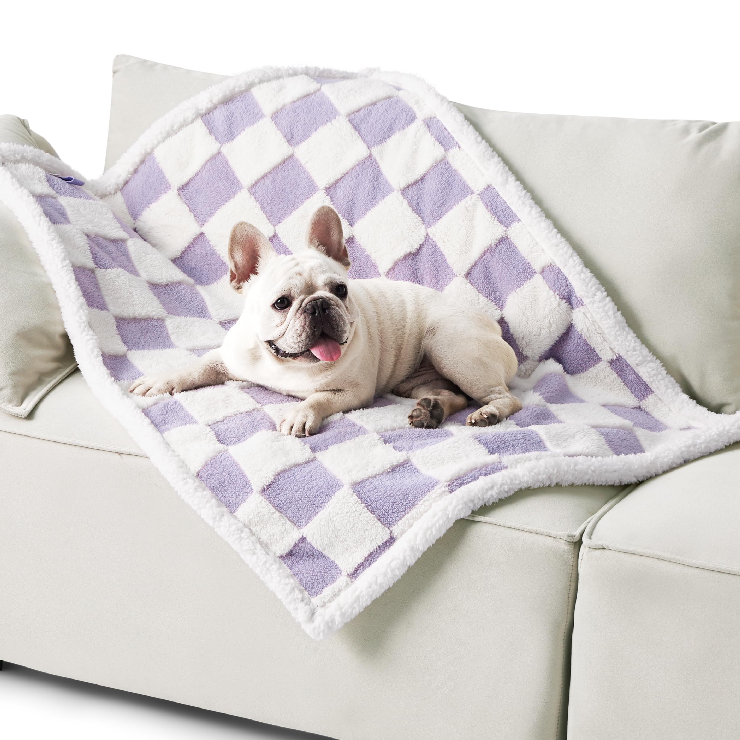 Lesure Waterproof Dog Blanket For Medium Dogs - Washable Double Sided Dog Blankets With Warm Jacquard Shag And Soft Sherpa Fleece, Pet Cat Blanket For Couch Protection, 3D Textured Checks, Purple